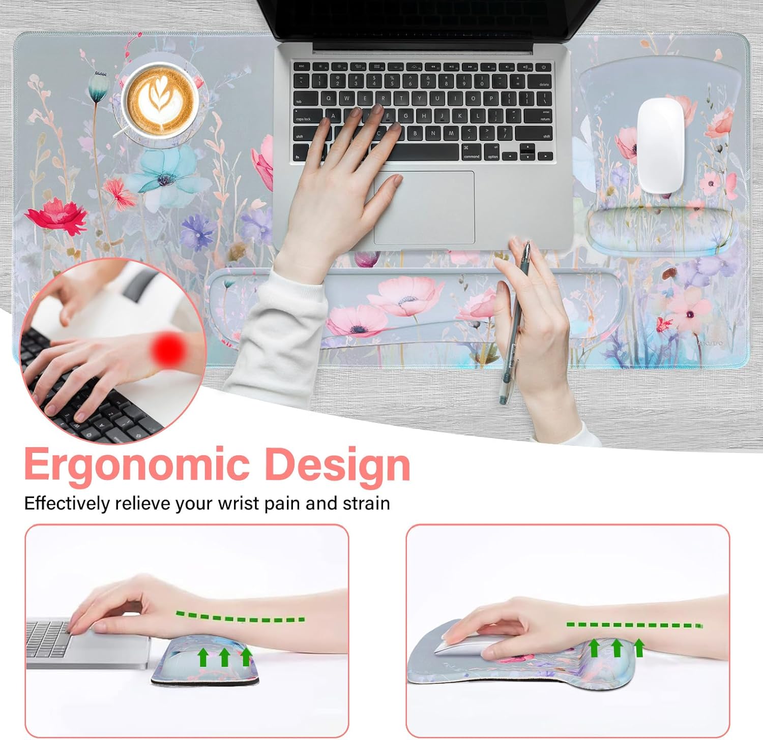 MOSISO Desk Mat Keyboard Mouse Pad Set, Large Gaming Mouse Pad&Keyboard Wrist Rest&Mousepad with Wrist Rest&Coaster, Ink Wildflower Ergonomic Non-Slip Cushion with Memory Foam for Home Office, Gray - Image 2