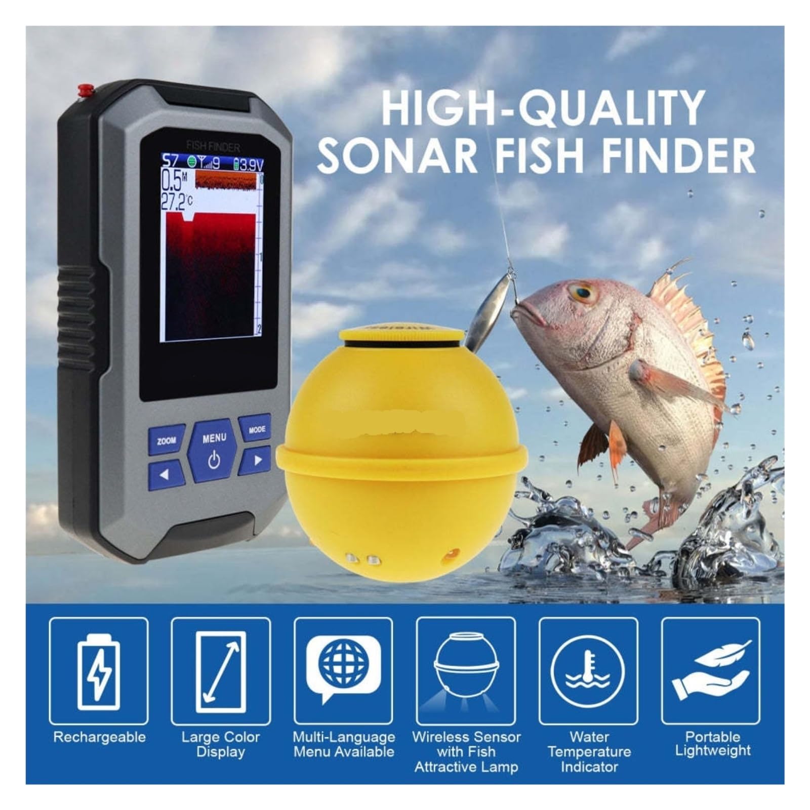 Ecoscandaglio, Sensore sonar portatile wireless a colori con display LCD a, portata 200 m