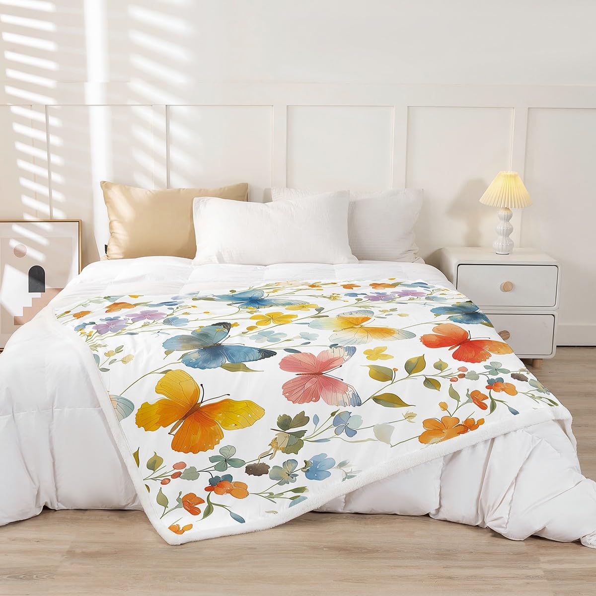 Homewish Bunte Blumen Kinder Decke 150x200cm Botanische Blätter Dekorativ Kuscheldecke Schmetterling Fleecedecke für Jugendliche,Vintage Wildblumen Bett Sofa Couch Dekorative Decken