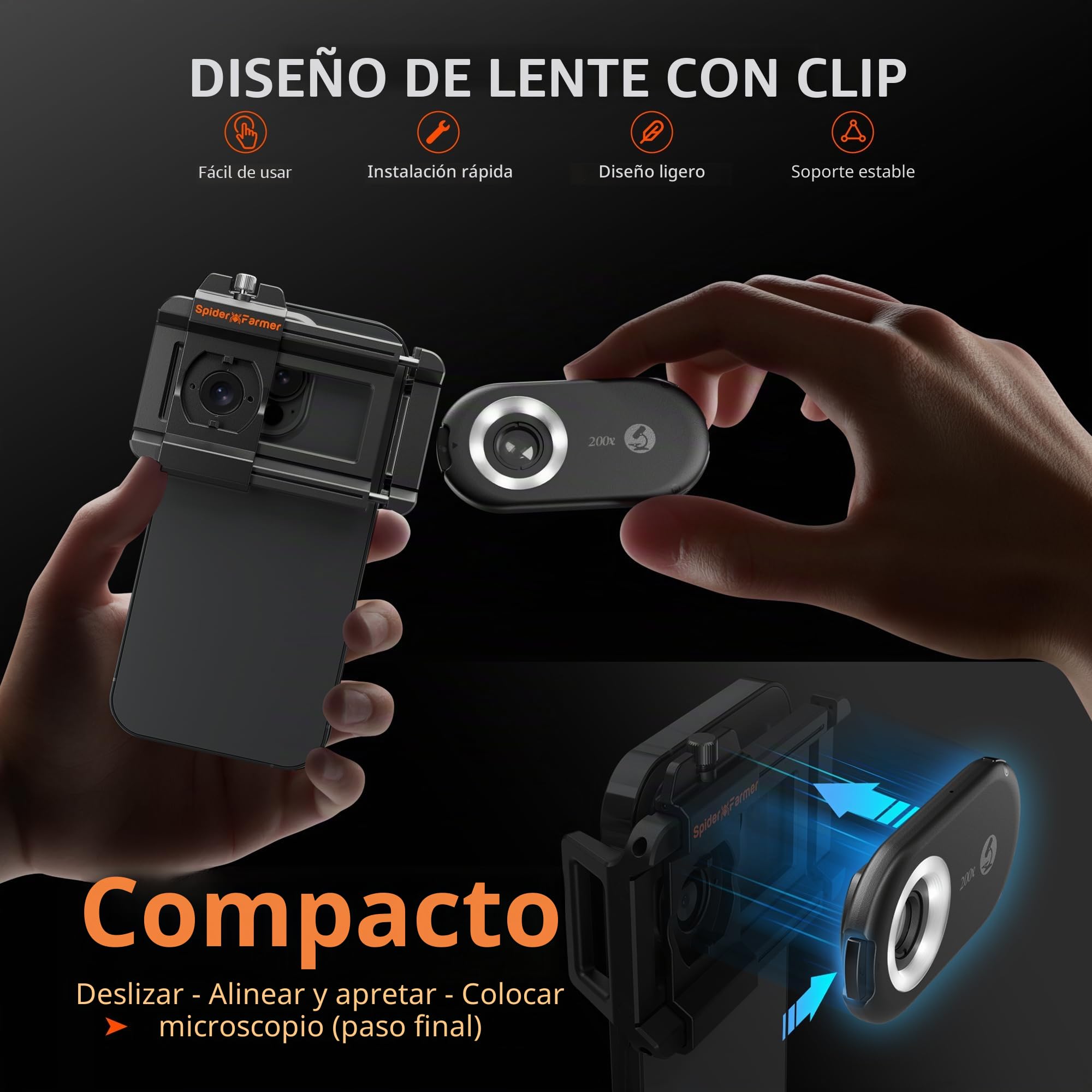 Spider Farmer Microscopio para móvil 200x microscopio para Smartphone, Lupa para móvil con LED para jardineros/niños, Compatible con iPhone/Android