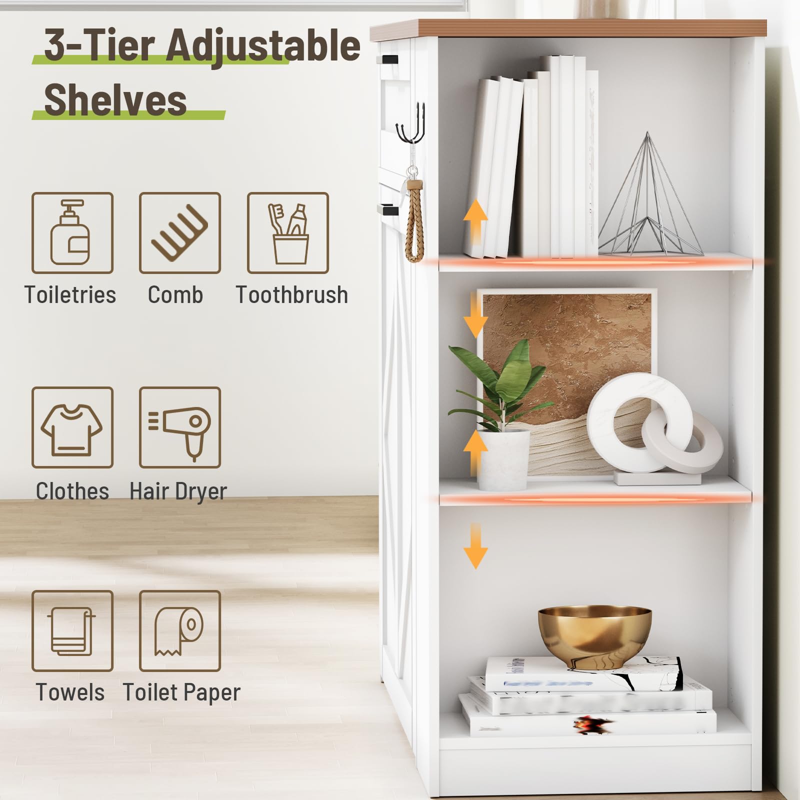 Armario de lavandería con 2 cestas extraíbles para la colada, cajón de almacenamiento, estantes ajustables y ganchos para baño, lavadero y cocina, color blanco y nogal