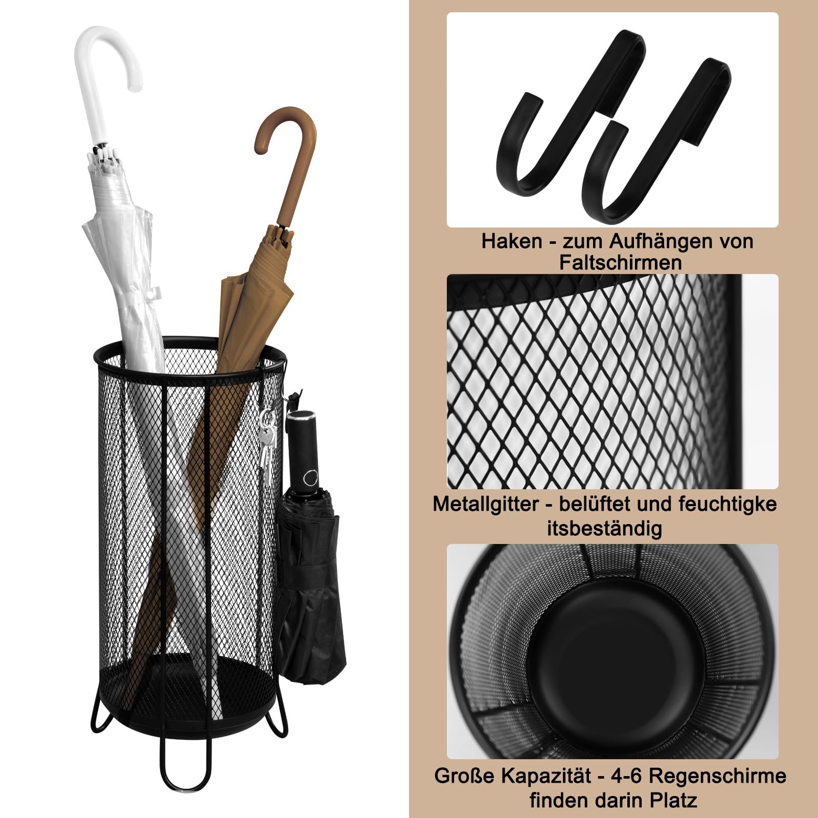 WOLTU Regenschirmständer Metall, Ø23xH49cm, aus Drahtgitter, runder Regenschirmhalter, Stockhalter, 4 Haken, für Faltschirme Taschenschirm, Anthrazit
