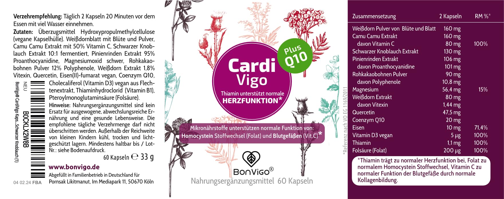 CardiVigo mit Thiamin für normale Herzfunktion. Plus Weißdorn, Q10 | Folat für normale Blutbildung & Vitamin C zu normaler Kollagenbildung für normale Funktion der Blutgefäße & Pflanzenextrakte