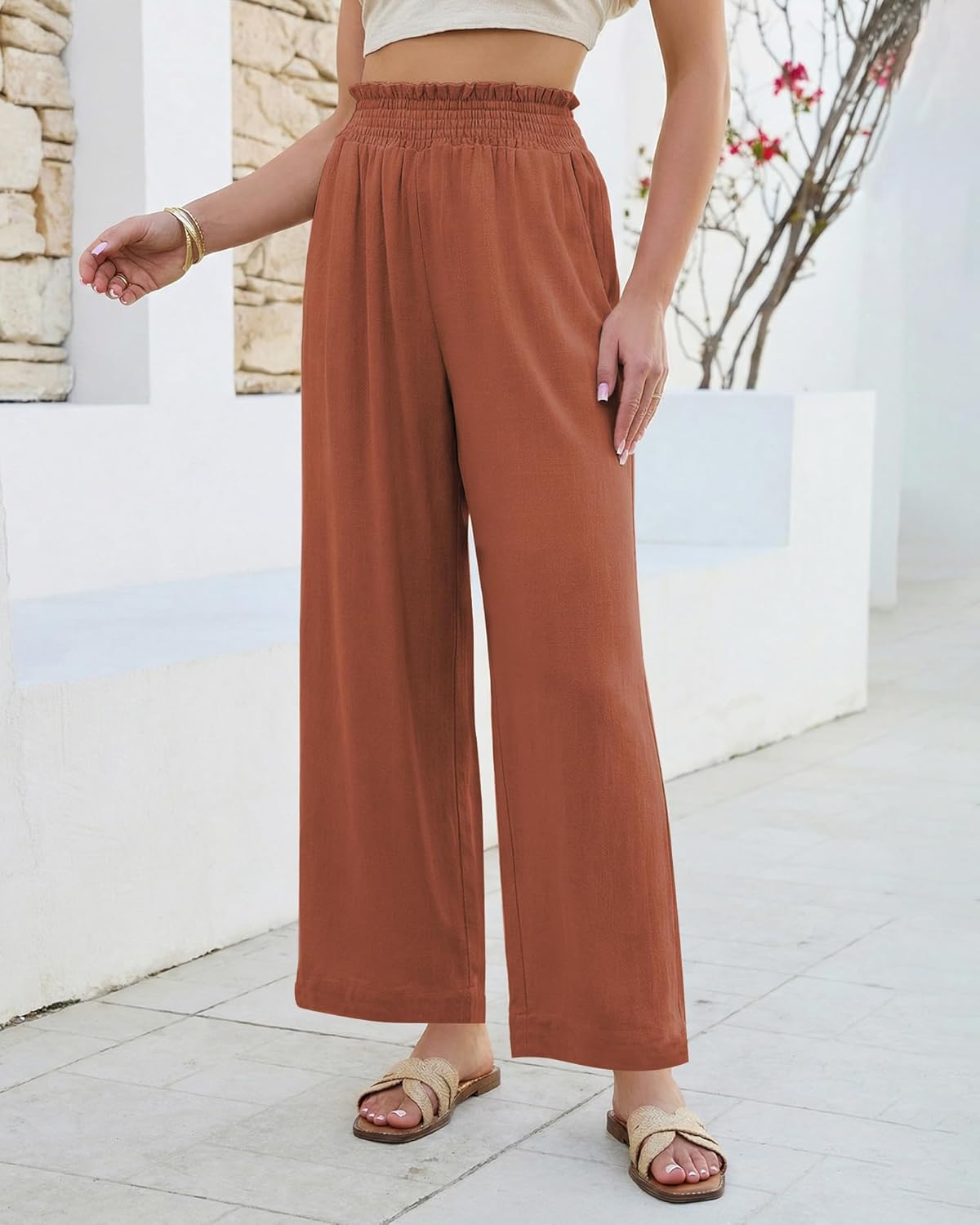 GRAPENT Linen Pants for Women Wide Leg High Waisted Paper Bag Smocked Waist Casual Summer Beach Vacation Palazzo Pants - Image 3
