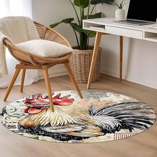 Miniatura 5 de 3ft Round Rug, Retro Rooster Non-Skid Rubber Backing Large Area Rugs - Living Room Bedroom Home Office, Pastoral Animals Watercolor Indoor Floor