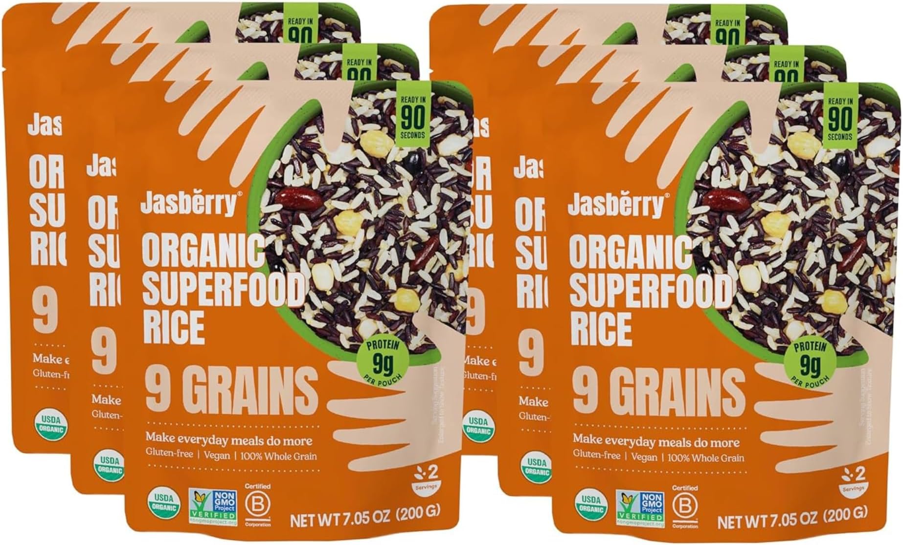 Organic Rice - Superfood with High Antioxidants, Ready to Eat or Heat, 100% Jasberry Rice, Non-GMO, Gluten-Free, USDA Certified Organic, Vegan, (7oz, 6-Pack) (9 Grain)