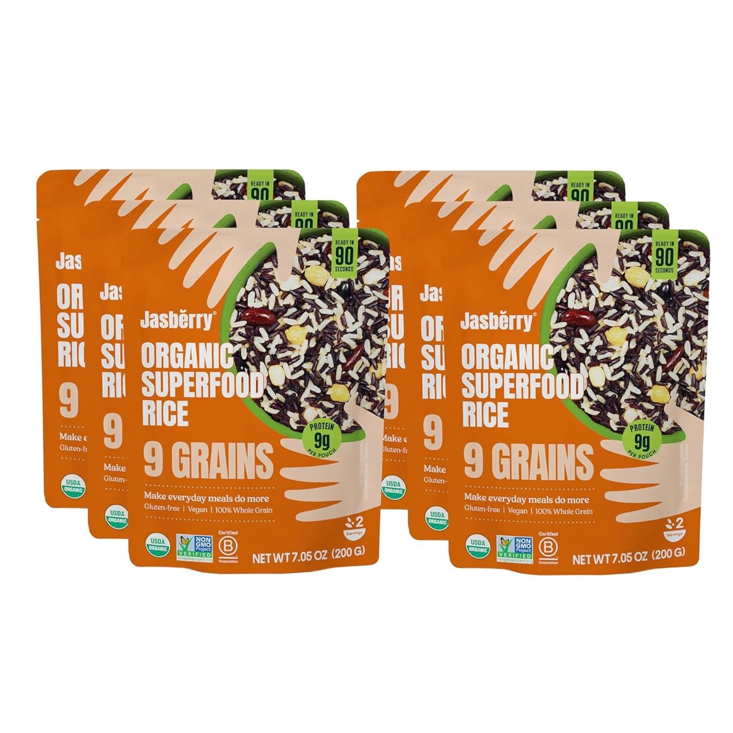 Jasberry Organic Rice - Superfood with High Antioxidants, Ready to Eat or Heat, 100% Jasberry Rice, Non-GMO, Gluten-Free, USDA Certified Organic, Vegan, (7oz, 6-Pack) (9 Grain)