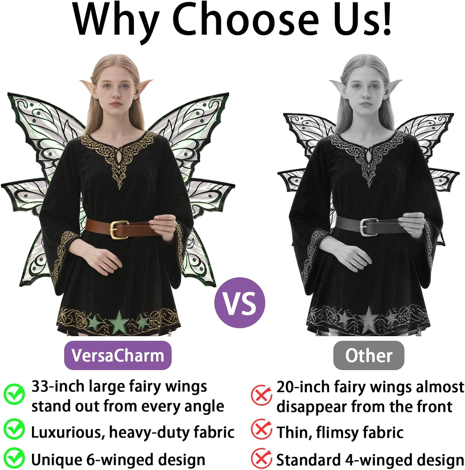 Large Fairy Wings Adult Women, 33"x25" Iridescent Glitter Butterfly Wings, Fairy Costume Set for Halloween Dress Up Party