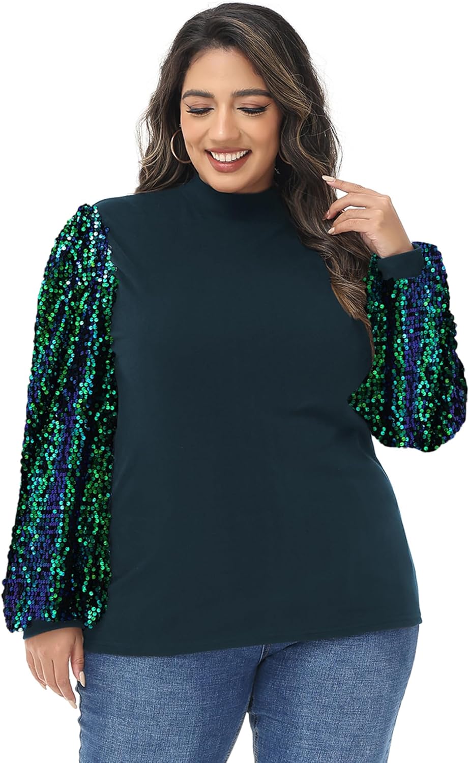 Anna-Kaci Women's Plus Size Sparkle Sequin Sweatshirt Mock Neck Pullover Long Sleeve Glitter Party Tops - Image 2
