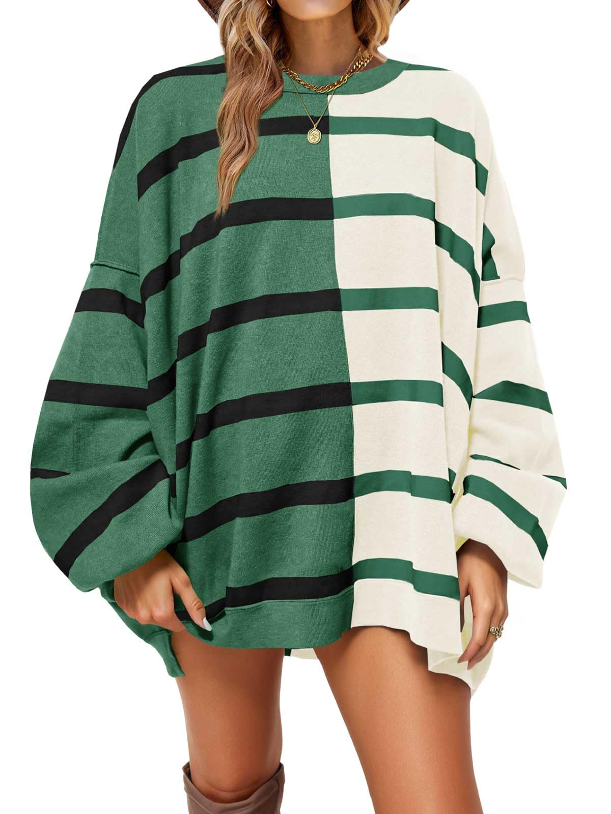 Fisoew Maglione da donna a righe girocollo a maniche lunghe lavorato a maglia a blocchi di colore casual sciolto leggero maglioni per le donne