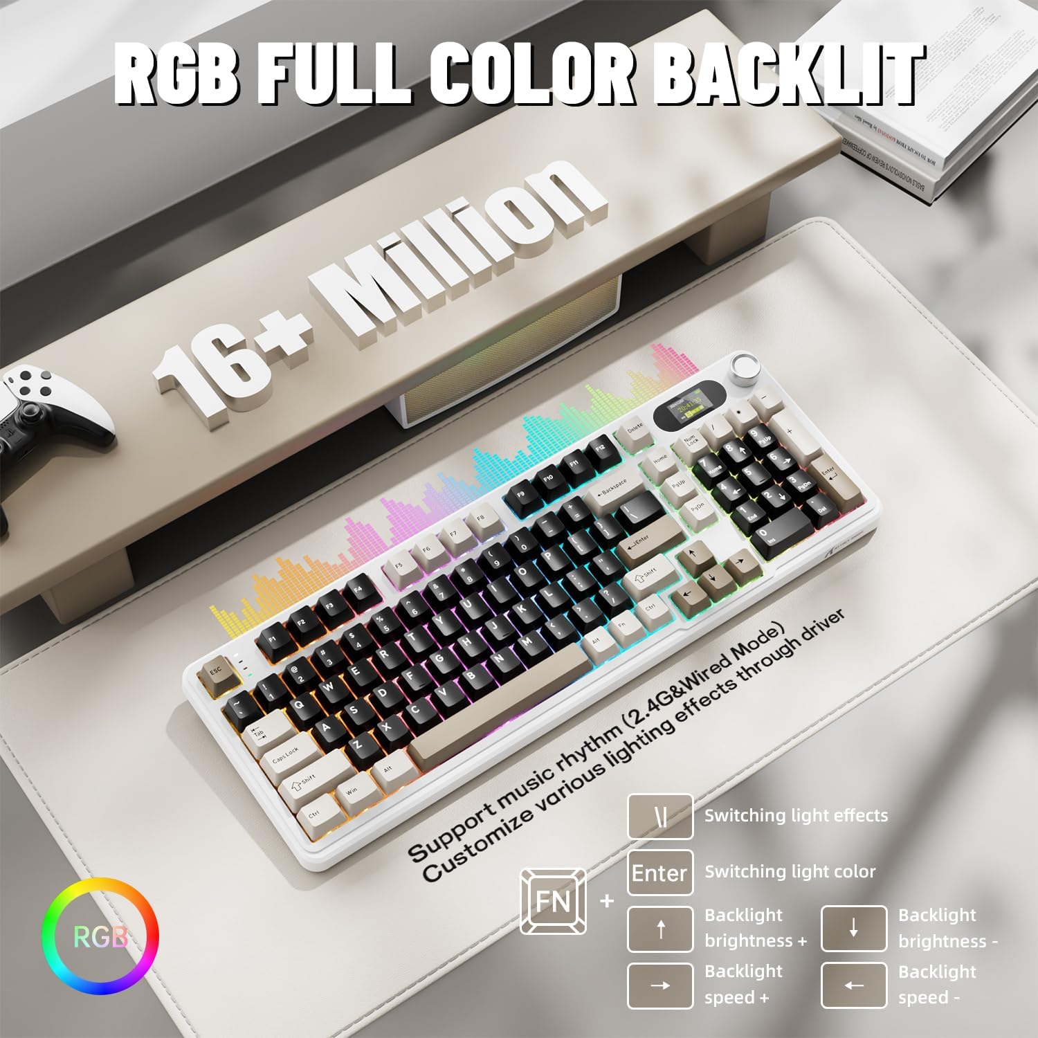 ATTACK SHARK X98PRO keyboard displaying vibrant RGB backlighting with instructions for controlling light effects, color, brightness, and speed.
