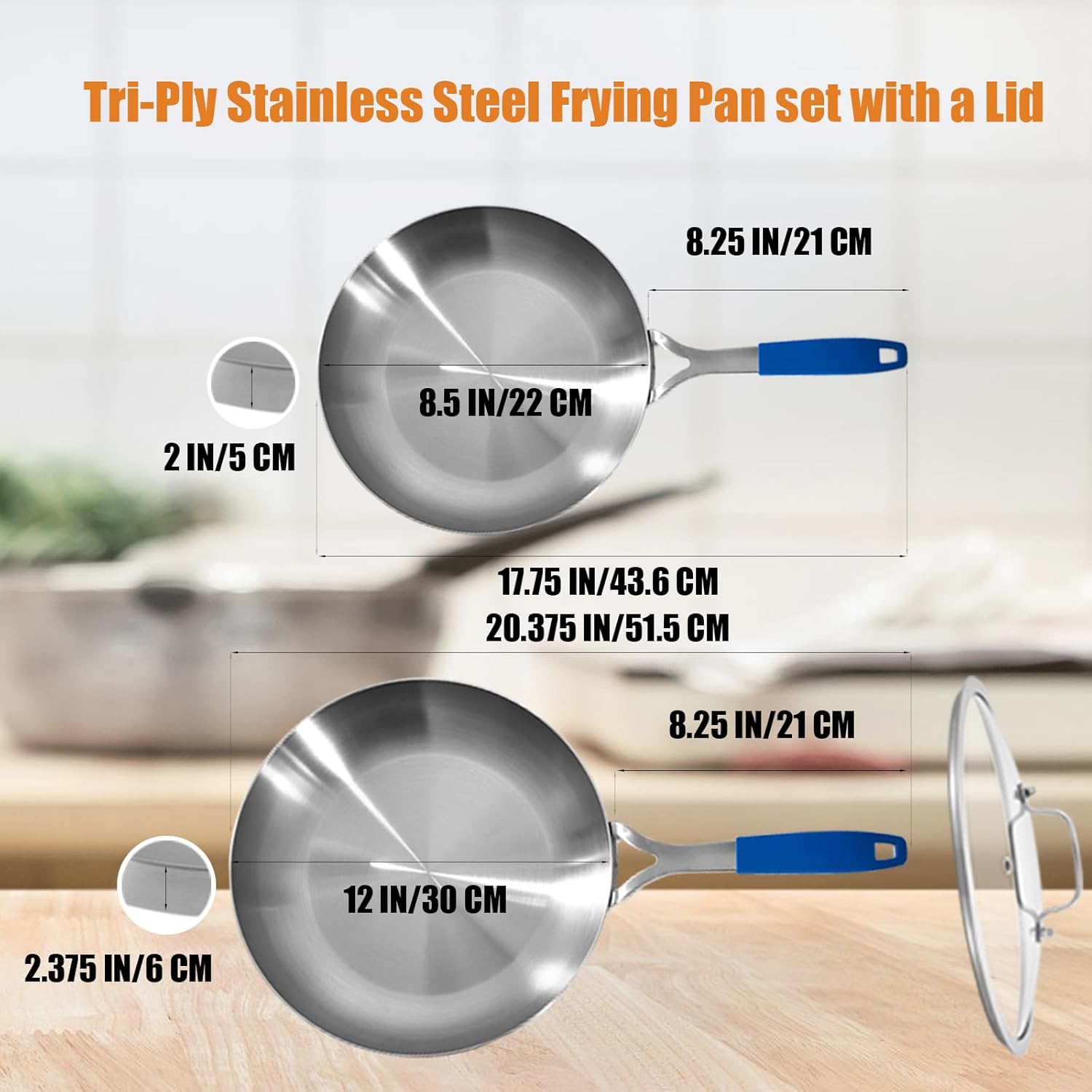 Inqibee 8.5-12 Inch Tri-Ply Stainless Steel Frying Pan set with a Lid, Skillets, Induction Cooking Pans Set, All Cooktops, Dishwasher and Detachable Handle