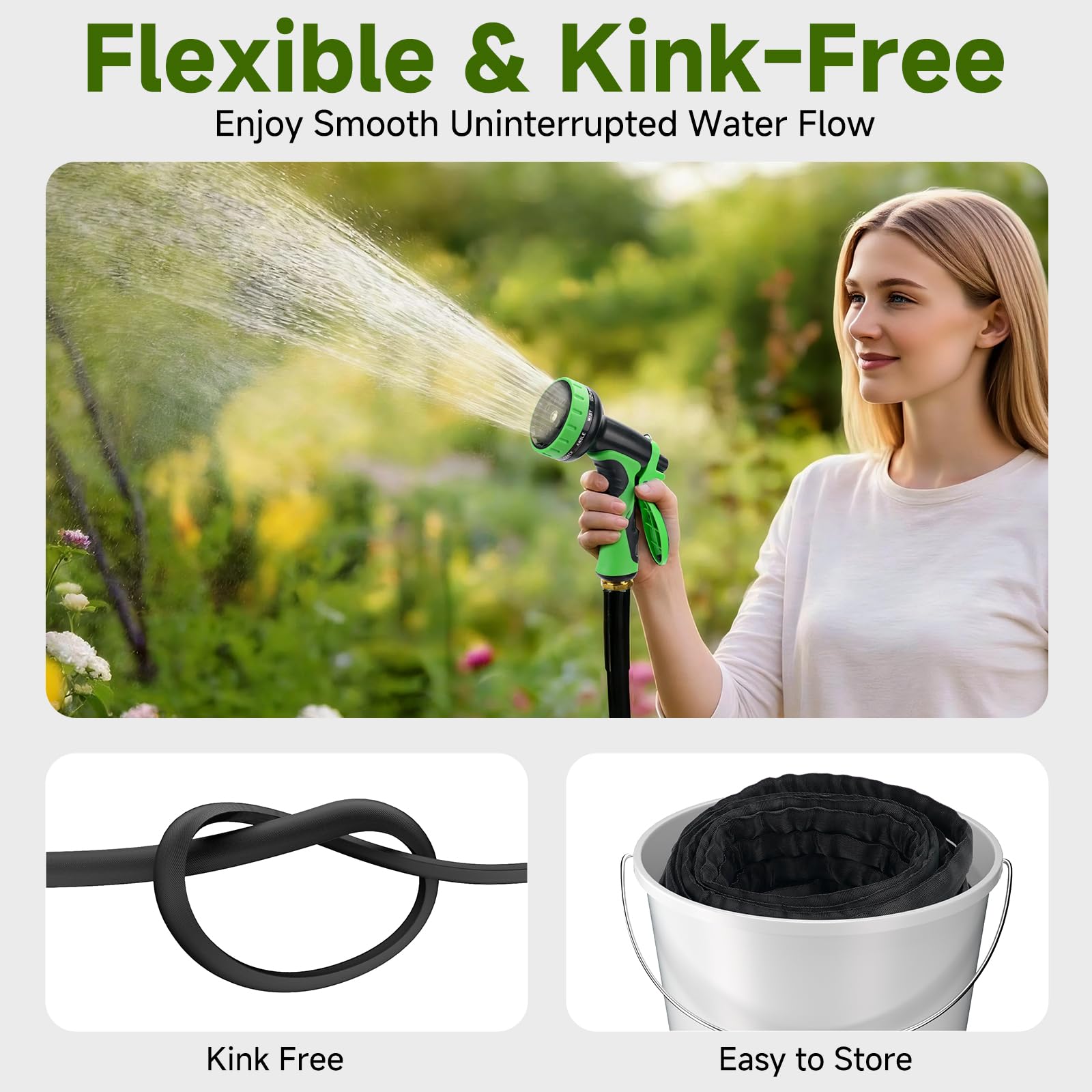 Gartenschlauch, 30 m, nicht dehnbarer, leichter Hochdruck-Wasserschlauch mit 10 Sprühdüsen, tragbar, knickfrei, flexibel, Gartenschläuche für Outdoor, Rasen, Hof, Auto, Haus (500 PSI max., 1,9 cm GHT)