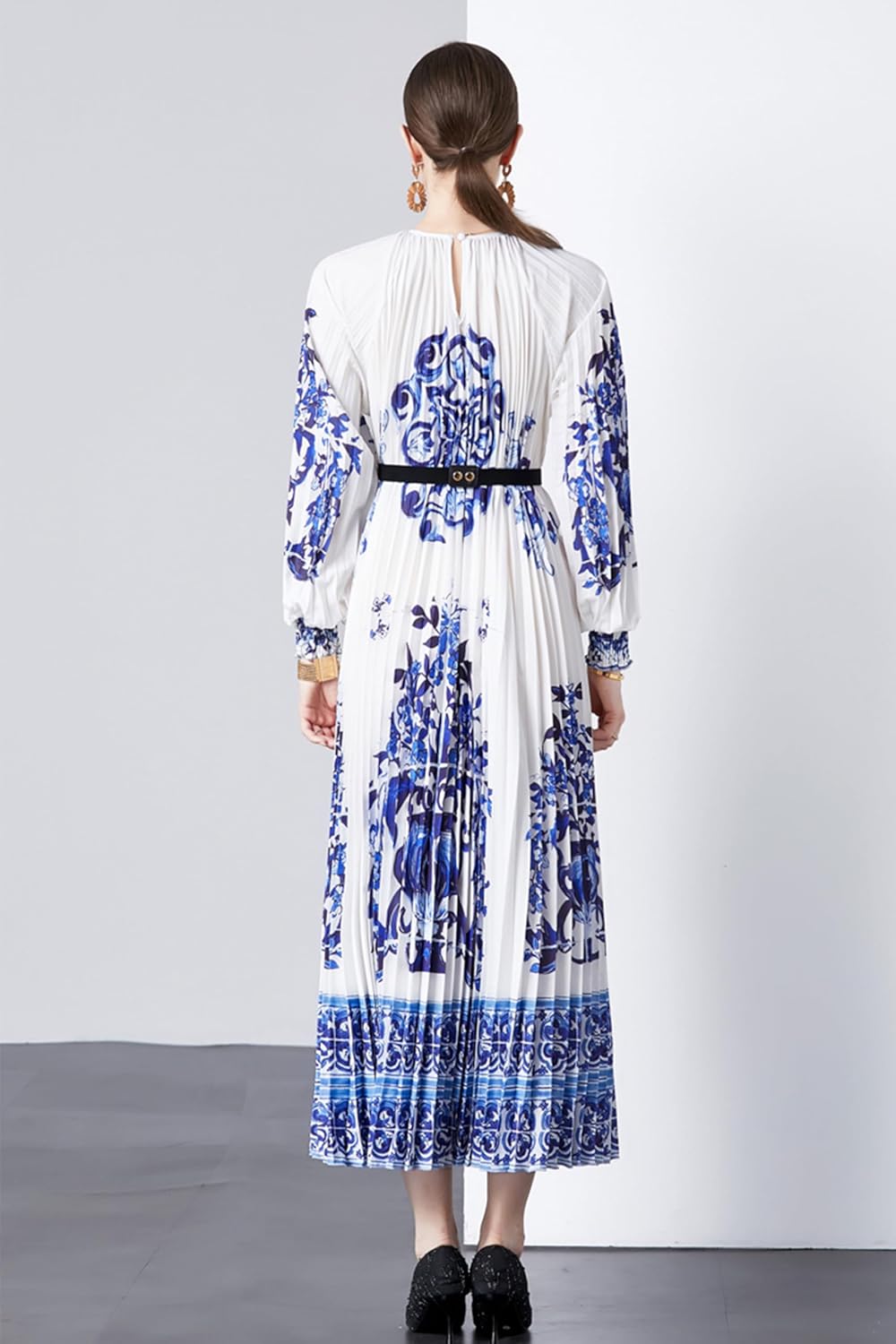 LAI MENG FIVE CATS Women's Elegant Pleated Round Neck Long Sleeves Print Maxi Casual Flowy Party Dress - Image 5