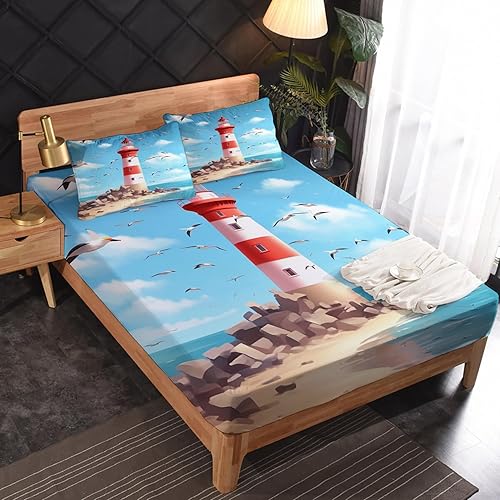 Miniatura 2 de Lighthouse Sábanas tamaño Queen  Sábanas náuticas, microfibra suave, bolsillo profundo, sábanas y fundas de almohada estampadas sin arrugas, 4