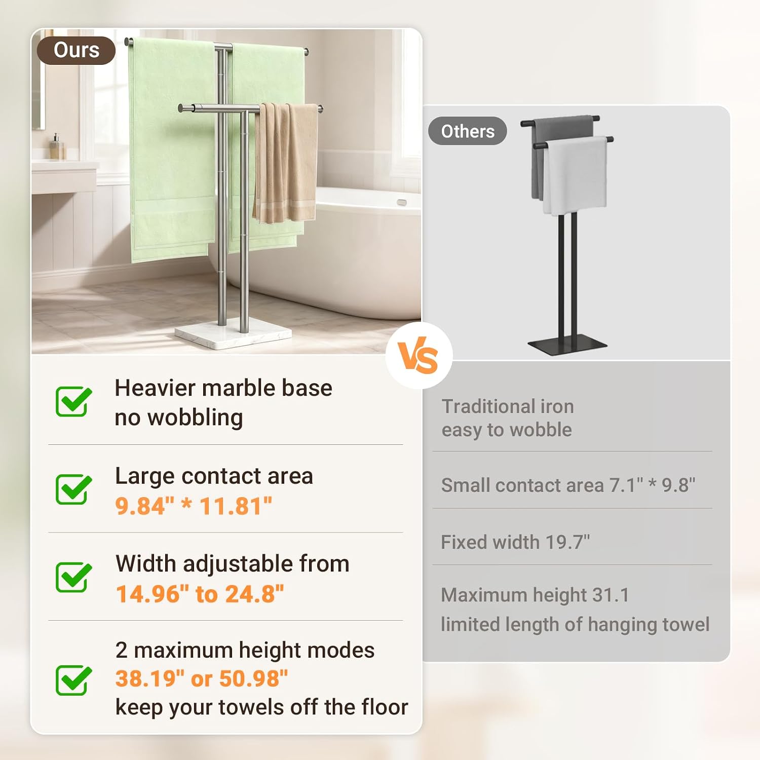 ELYKEN Standing Towel Rack for Bathroom, Adjustable 2-Tier Towel Stand