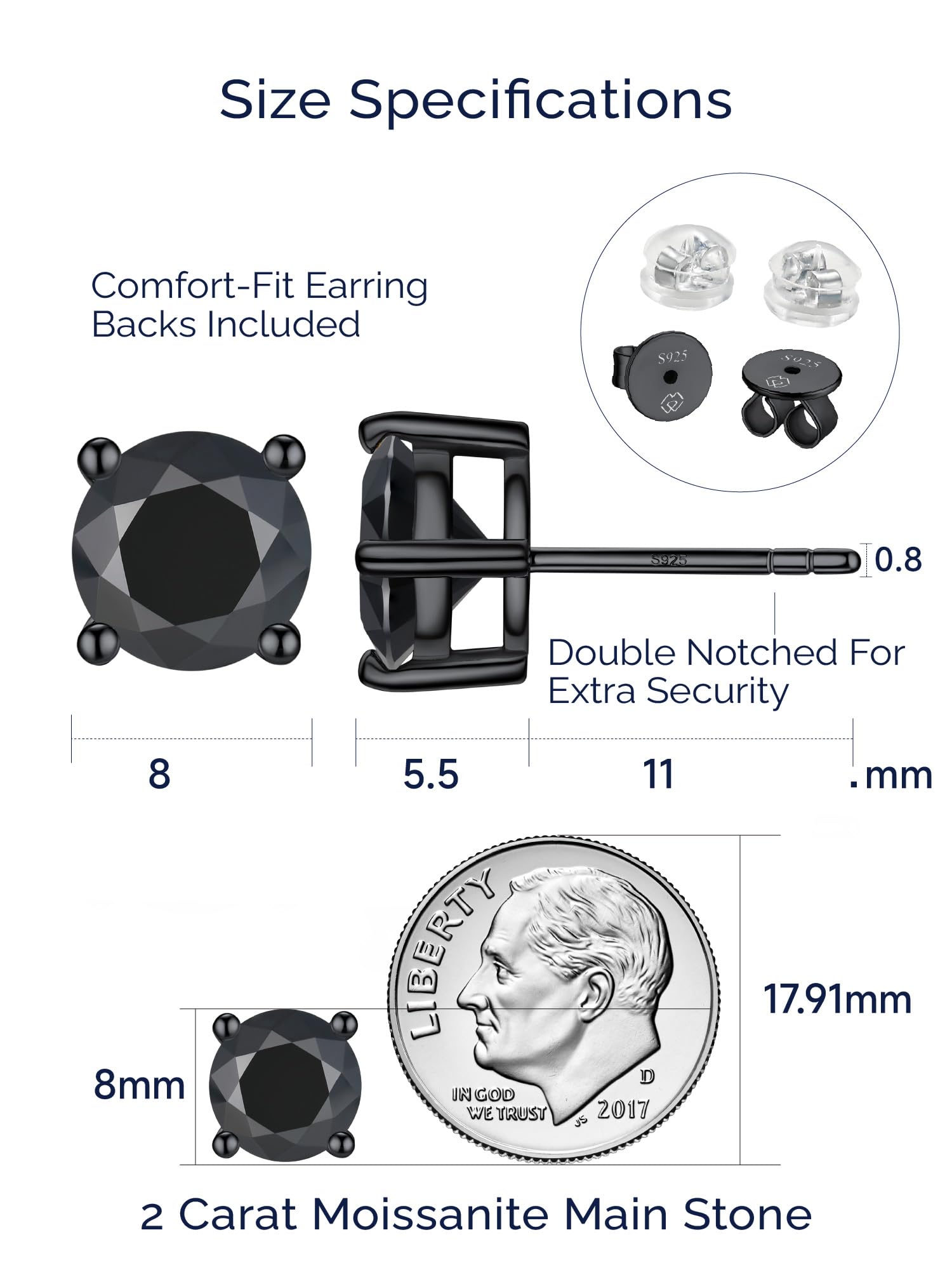 MomentWish Boucle d'oreille Homme, 1-4 Carats Moissanite Boucle d oreille Noir Diamant Argent Sterling 925 Bijoux Cadeau Homme pour Lui 4/5/5.5/6.5/8 mm