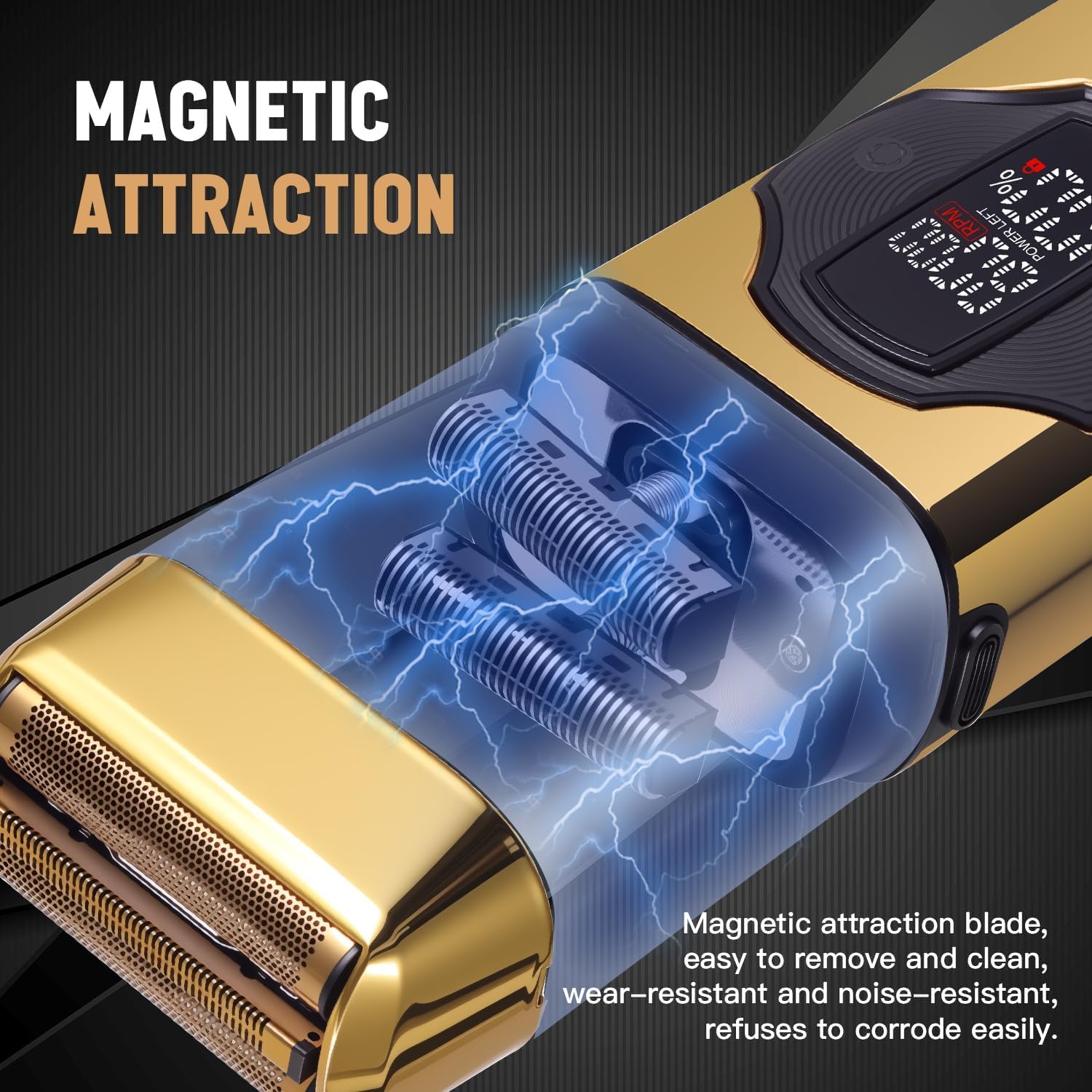 Hatteker Rasoir électrique 2-en-1 Pour Homme Rasoir à Feuille Taille-croix Avec Tête à Adsorption Magnétique Tête de Taille-croix Amovible étanchéité IPX7 Pour Rasage Sec et Humide Grand écran LED(Or)