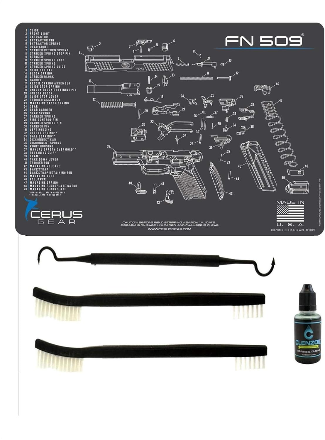 FN 509 5PC EDOG Cerus Gear Schematic (Exploded View) Heavy Duty Pistol Cleaning 12x17 Padded Gun-Work Surface Protector Mat Solvent & Oil Resistant & 3 PC Cleaning Essentials & Clenzoil