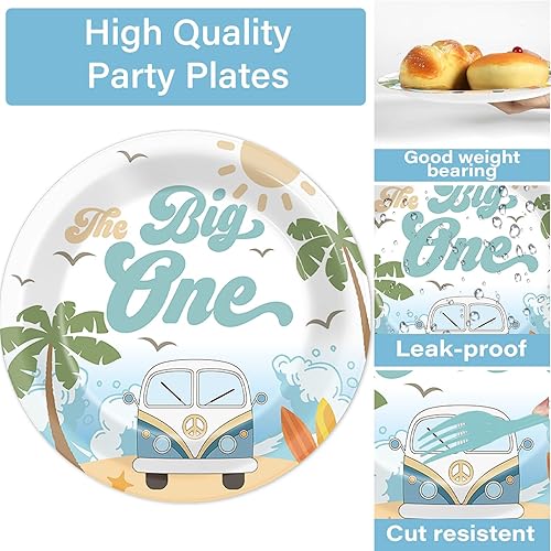 Miniatura 3 de Juego de 200 platos de fiesta de verano de playa The Big One, servilletas para niño para surfear, primer cumpleaños, pastel de palmera hawaiana,
