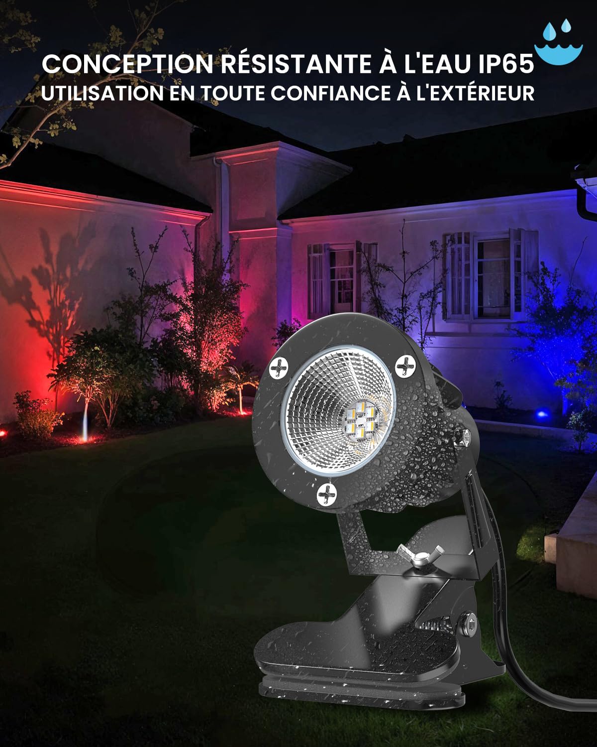 6W RGB LED Spot à Pince avec Télécommande, 15 Lumières RGB + Blanc Chaud 3000K, IP65 Résistant à l'Eau pour Intérieur et Extérieur, Lampe à Pince avec 1,78m Câble et Fiche