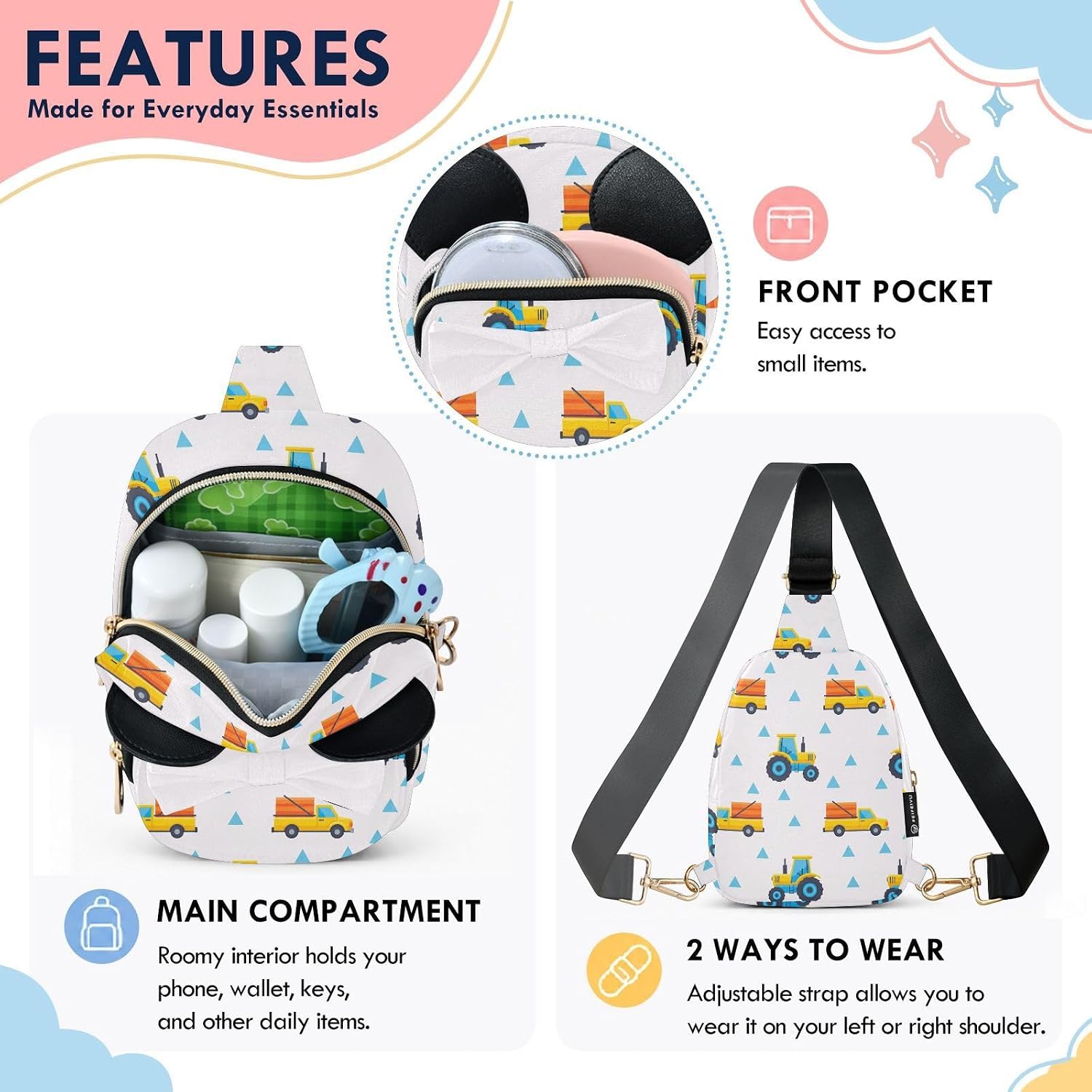 Sinestour Truck Kids Sling Bag for Girls, 3.1"x7.5"x5.7" | Crossbody Fanny Pack, Toddler Purse, Cute Sling Belt Bag with Ears, 2L Small Shoulder Chest Bag for Travel