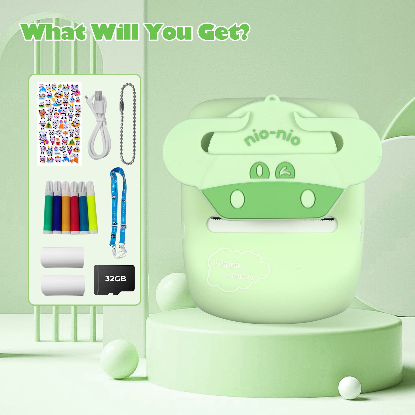 Cámara Infantil, 30 MP, cámara instantánea para niños, impresión en Blanco y Negro, Foto con Pantalla de 1080P de 2,4 Pulgadas, cámara Digital para niños con Tarjeta TF de 32 G, Doble cámara, Verde