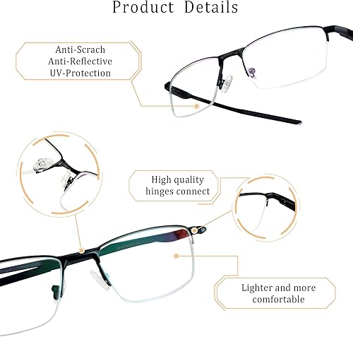 Miniatura 9 de LifeArt Gafas de lectura semisin montura de aleación, gafas de bloqueo de luz azul, antifatiga visual, gafas de juegos de computadora, gafas de TV