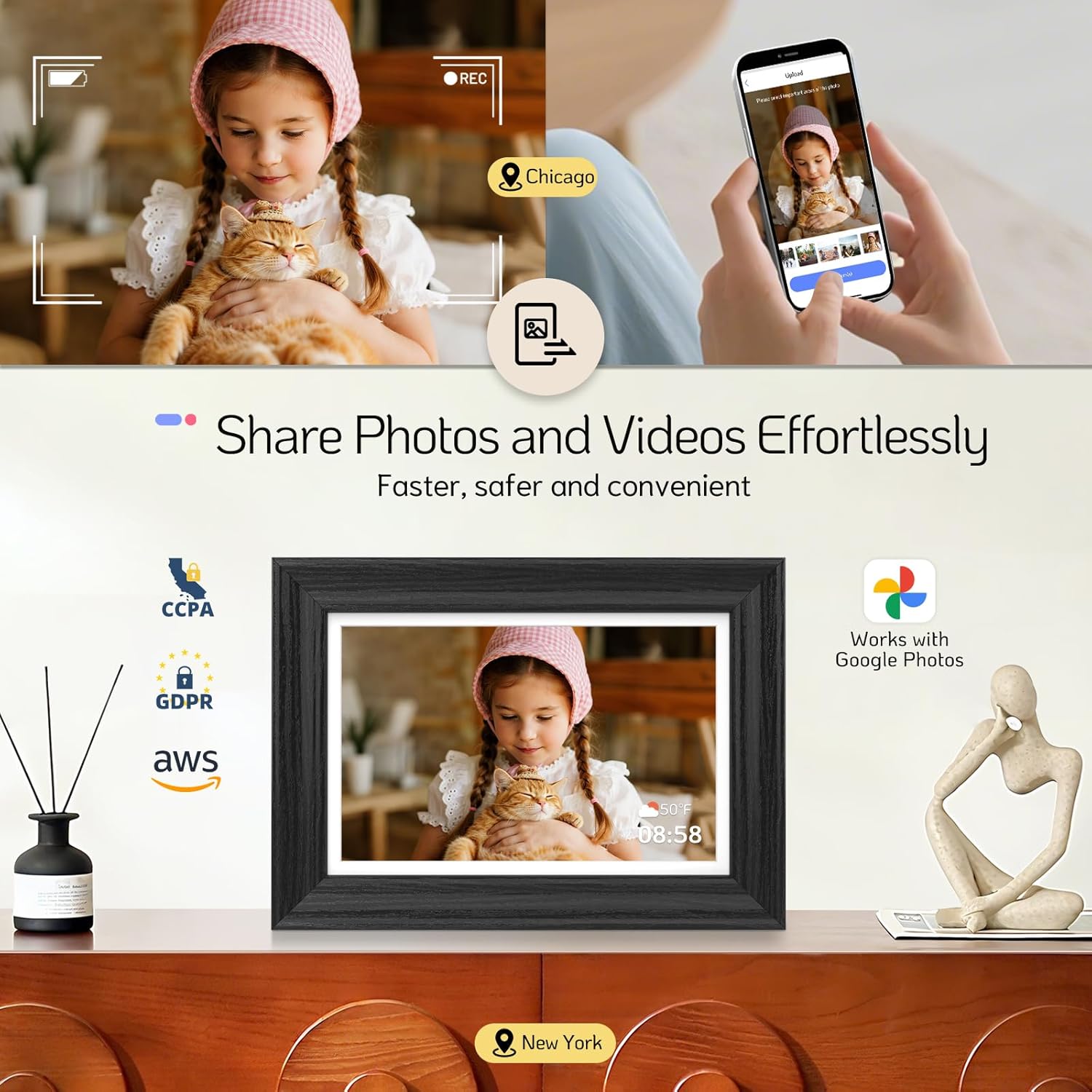 A collage showing a child with a cat, a phone uploading images, and the NexFoto frame displaying the same image, highlighting easy photo and video sharing.