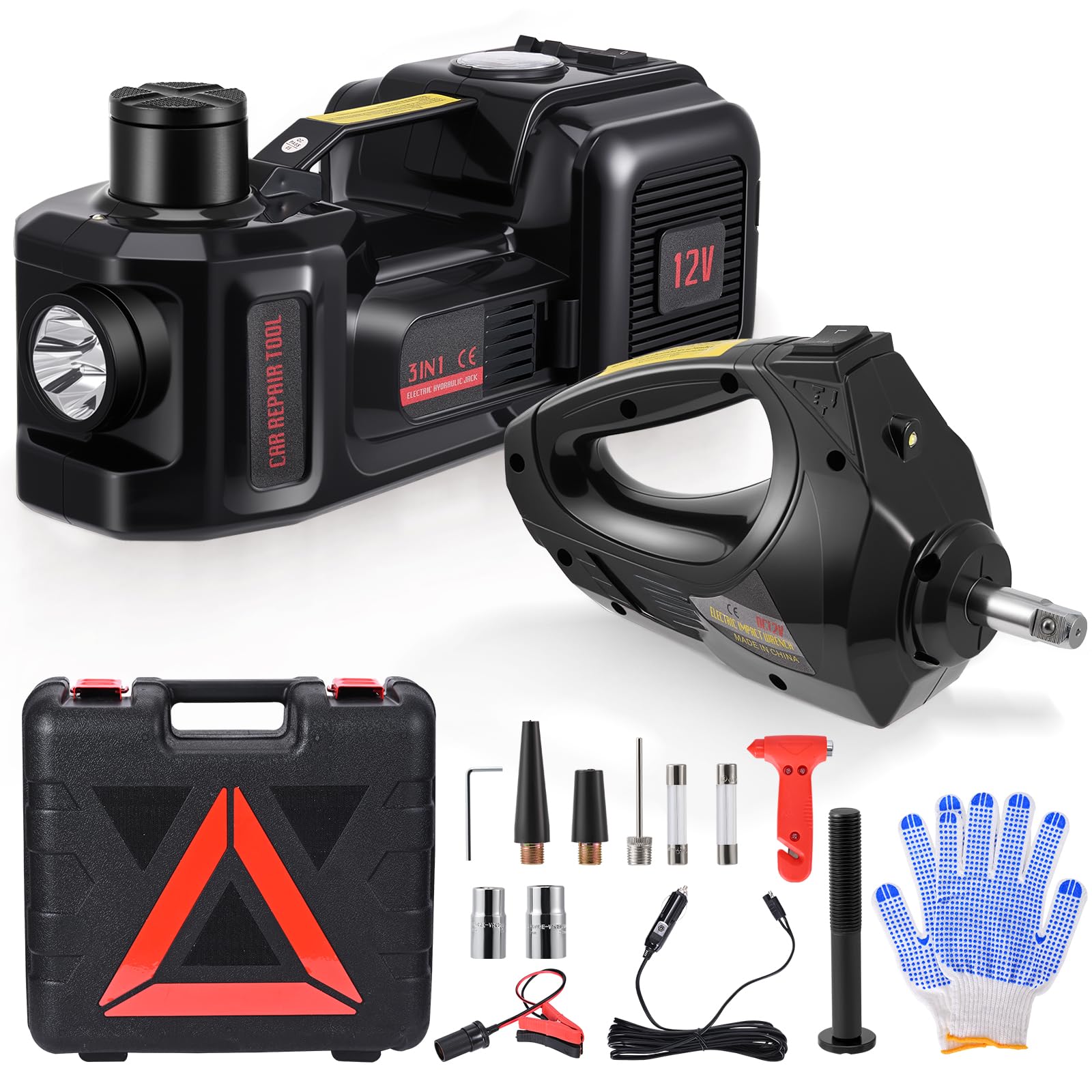 Gato eléctrico 5T, elevación 155-450 mm, operación con un botón, alimentación dual, con llave de impacto y compresor de aire, maletín portátil, 3 en 1 para mantenimiento de vehículos (negro)