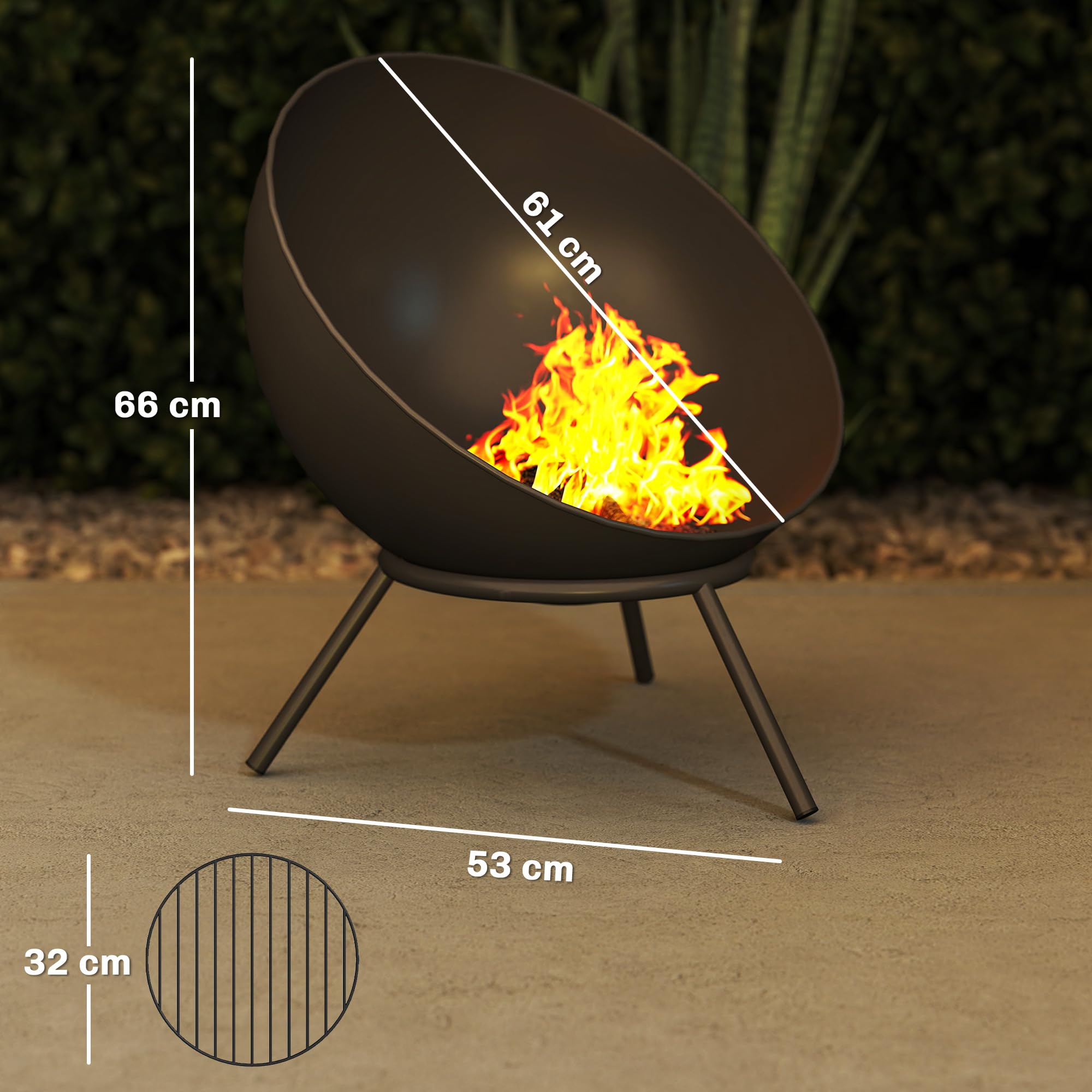 Outsunny Feuerschale 60 x 53 x 66cm Verstellbare Feuerstelle Schwarz | Schürhaken, Kohlegitter, Ständer, Feuerschalen Feuerkorb, für Garten Balkon Terrasse, Outdoor BBQ Camping