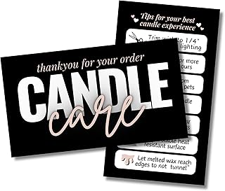 Cute Modern Candle Care Cards for candle makers - 2 x 3.5 Inches, High gloss full color front and back - 55 pack - Business Card size (Black)