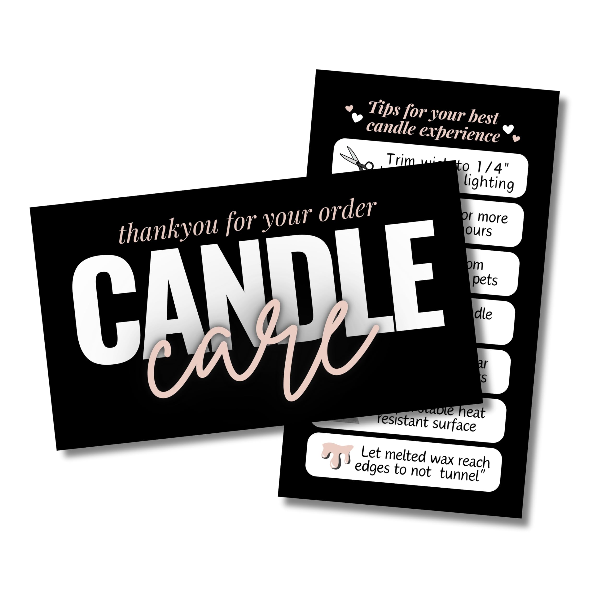 Cute Modern Candle Care Cards for candle makers - 2 x 3.5 Inches, High gloss full color front and back - 55 pack - Business Card size (Black)