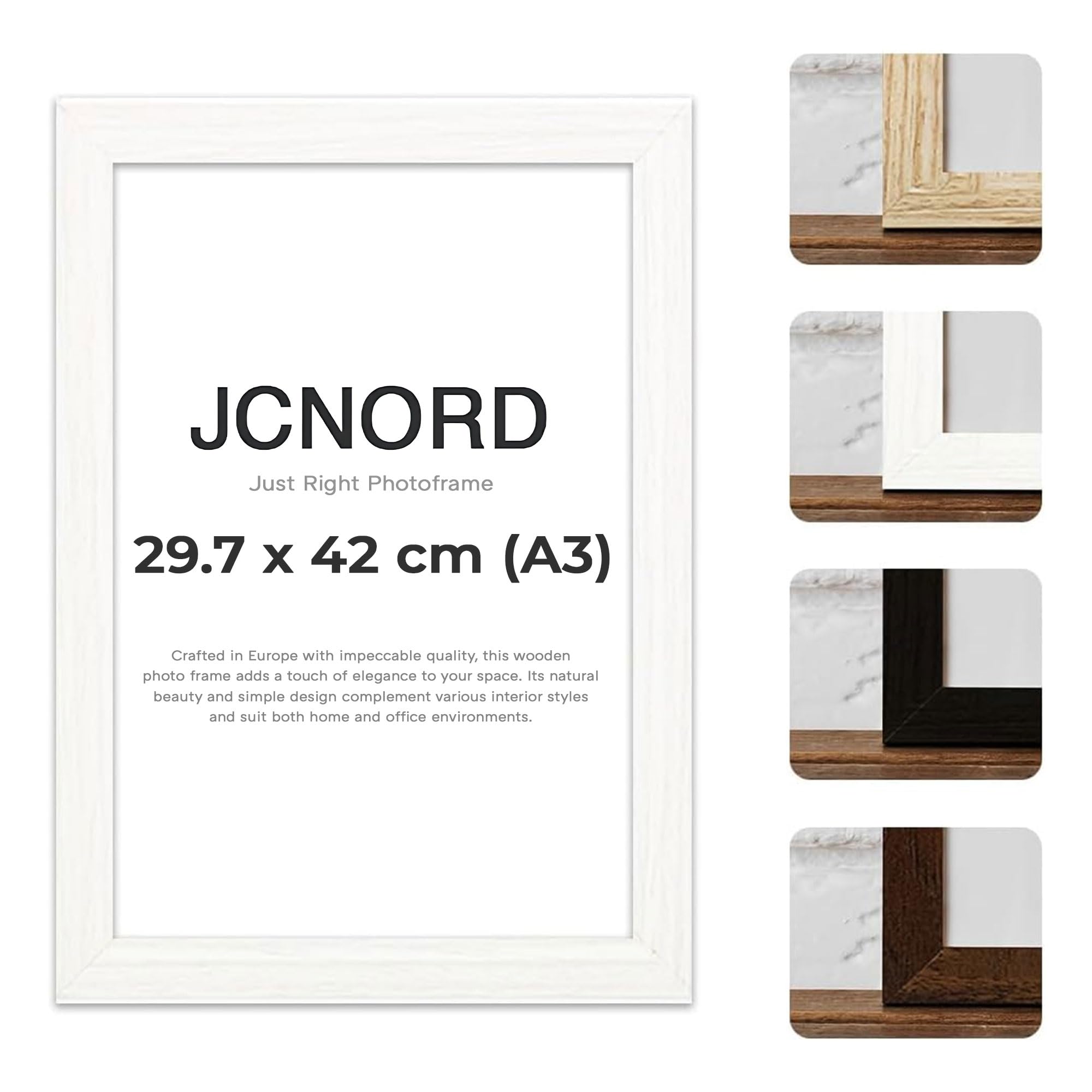 JCNORD White MDF Wooden Picture Frame A3 (29.7x42 cm) with Shatterproof Acrylic Glass | Modern Photo Frame for Walls and Tables