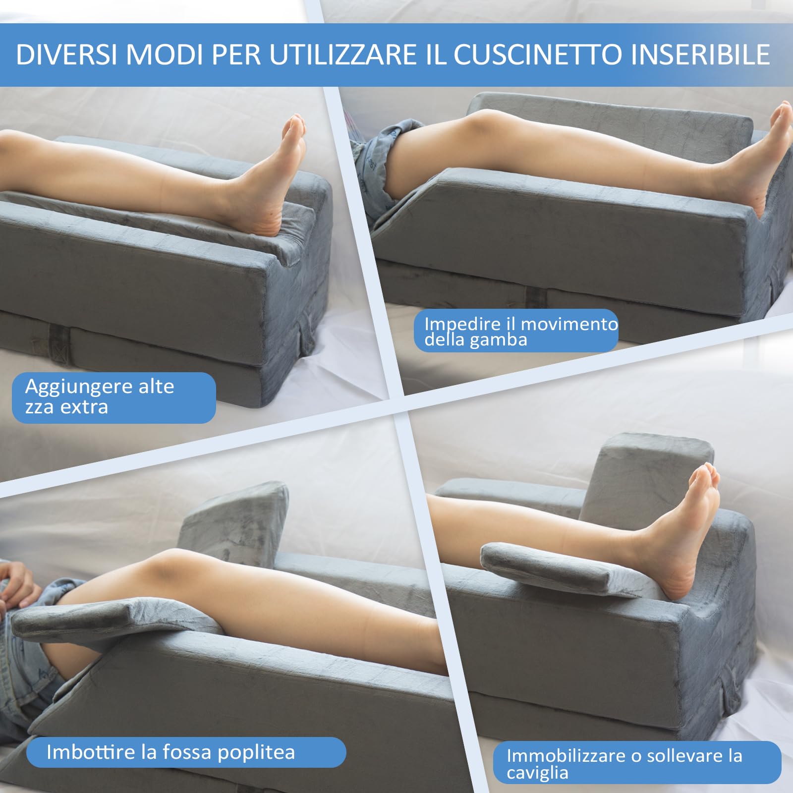 KingPavonini Cuscino per le gambe regolabile in altezza in 4 livelli, inserto post-op/lesioni/riposo, cuscino per gambe in memory foam con 3 manici e inserto per imbottitura, lavaggio in velluto