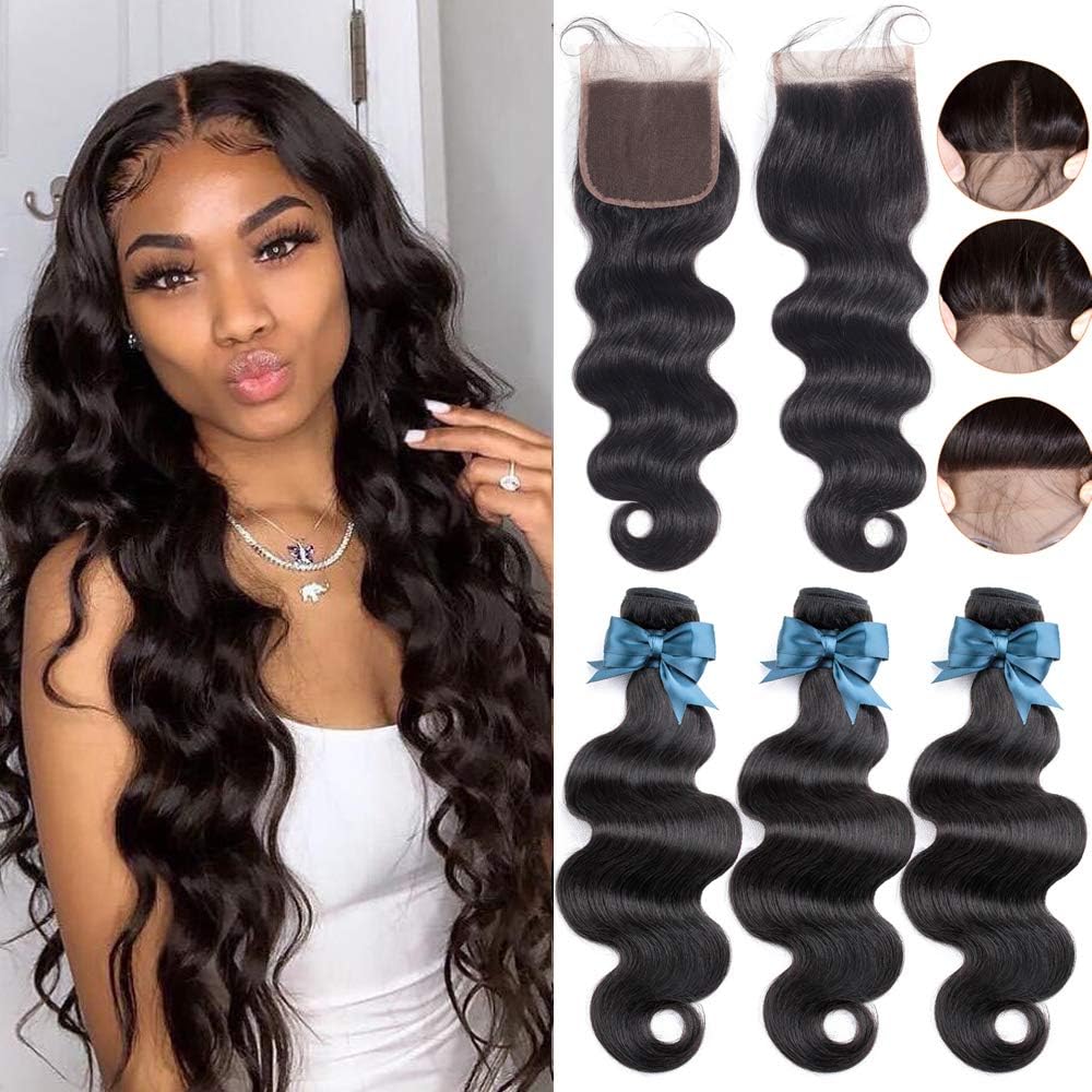 MQYQ Brazilian Human Hair Body Wave Bundles with Closure (18 20 22+16 Inch) 100% Unprocessed 8A Brazilian Virgin Hair 3 Bundles with Closure 4X4 Lace Free Part Natural Black.