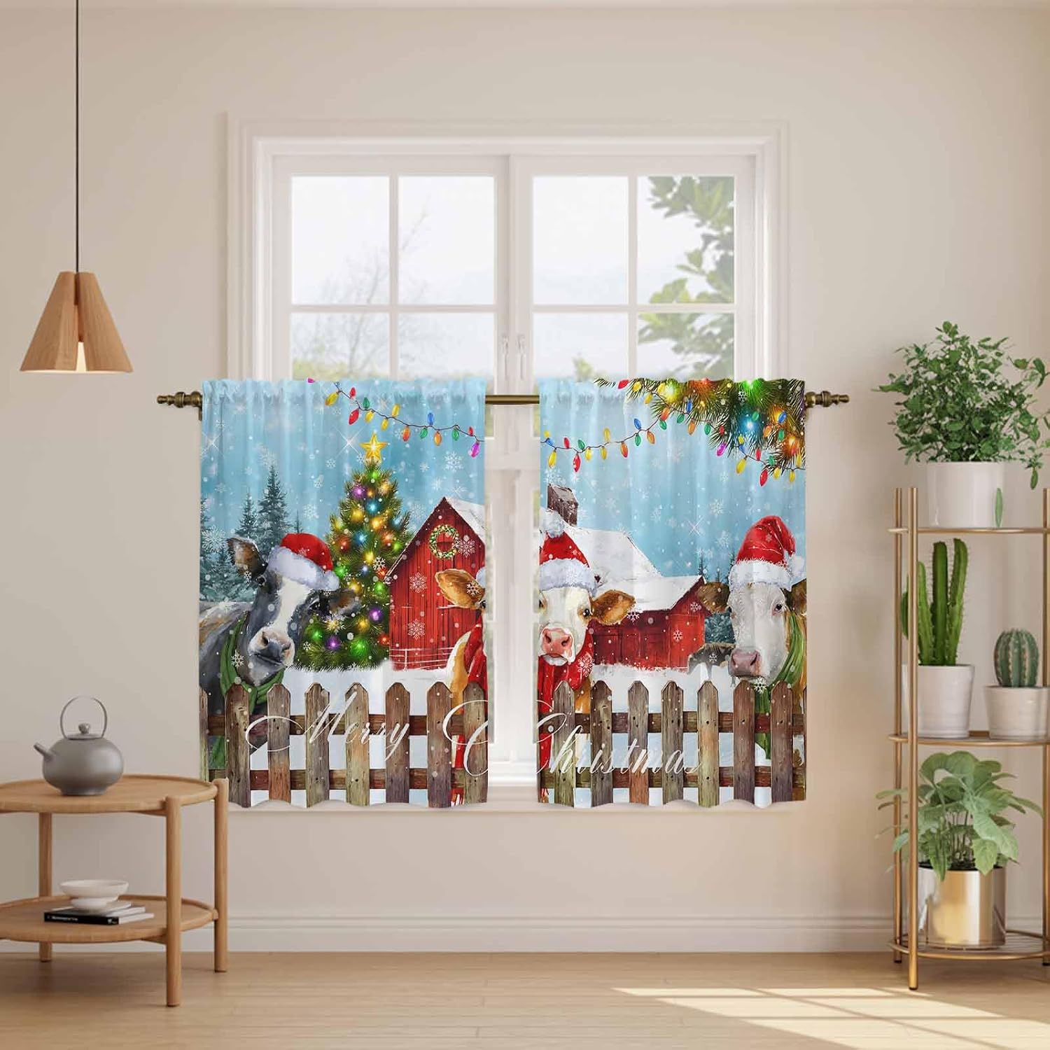Christmas Cow Kitchen Tier Curtains 45 Inch Long 2 Panel Set,Rod Pocket Short Window Treatment,Farm Xmas Tree Light Balls Snowflake Winter Curtains & Drapes for Bathroom Basement 27.5"W x 45"L