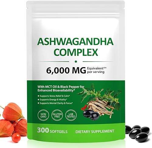 Ashwagandha Komplex – 6000mg Tagesdosis (20:1 Extrakt) – Mit MCT-Öl & Schwarzem 