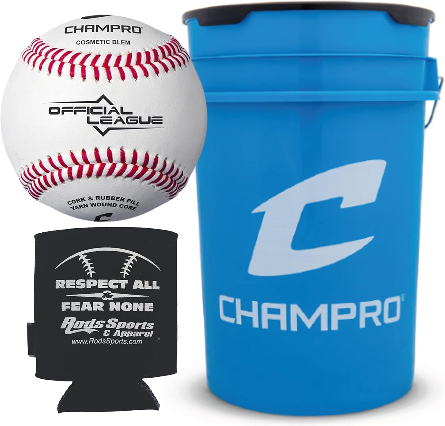 Champro CBB-200D Full Grain Leather Cover Baseballs with Cosmetic Blem in a Optic Blue Bucket – 30 Balls and one Rods Can Sleeve Included