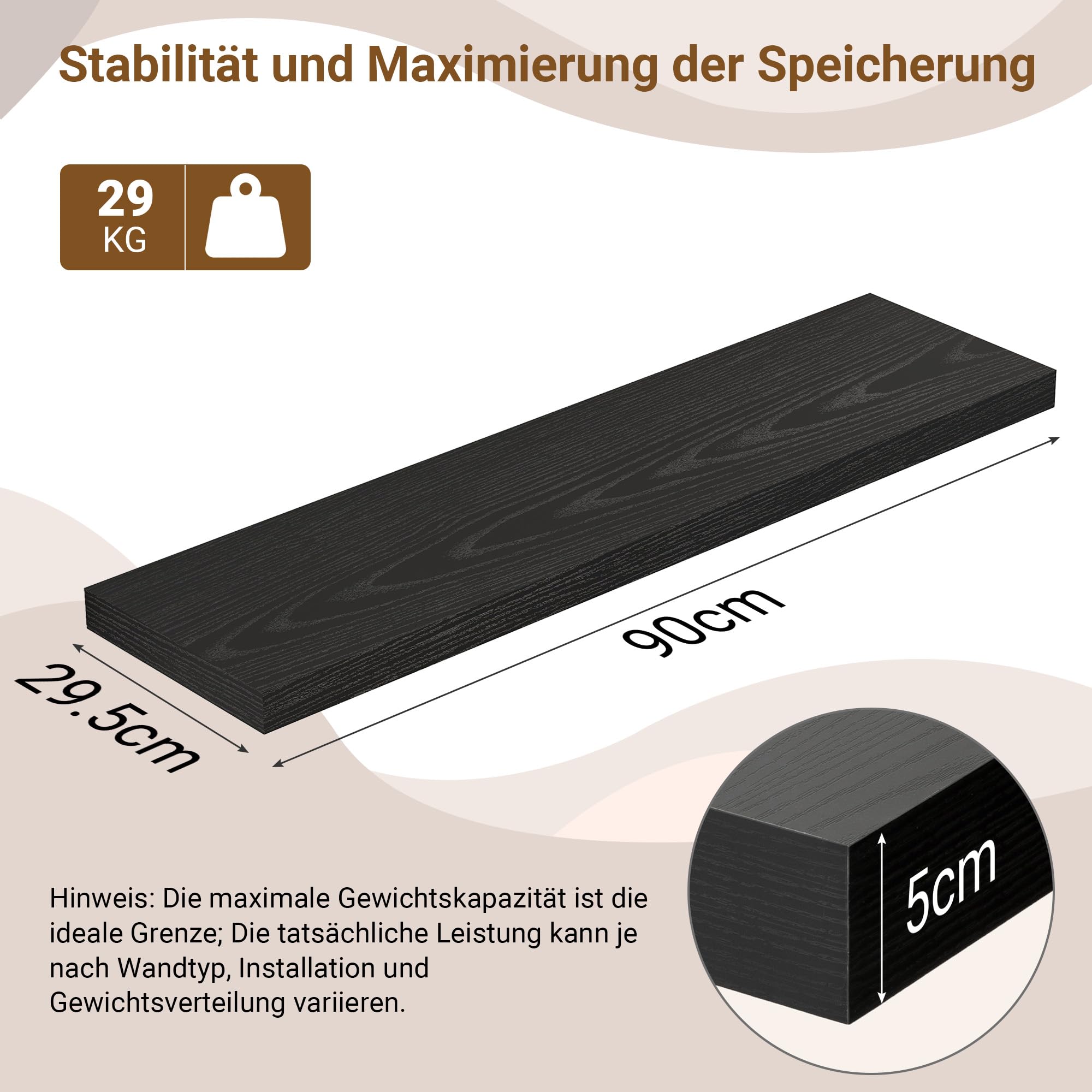 Extra Tiefes 29,5 cm Wandregal Holz, 90cm Lang Wandboard Schwarz 2er Set, Schweberegal aus MDF Holz, Regal Wand für mehr Stauraum, Regalbrett für Küche, Wohnzimmer, Schlafzimmer, Badezimmer & Büro