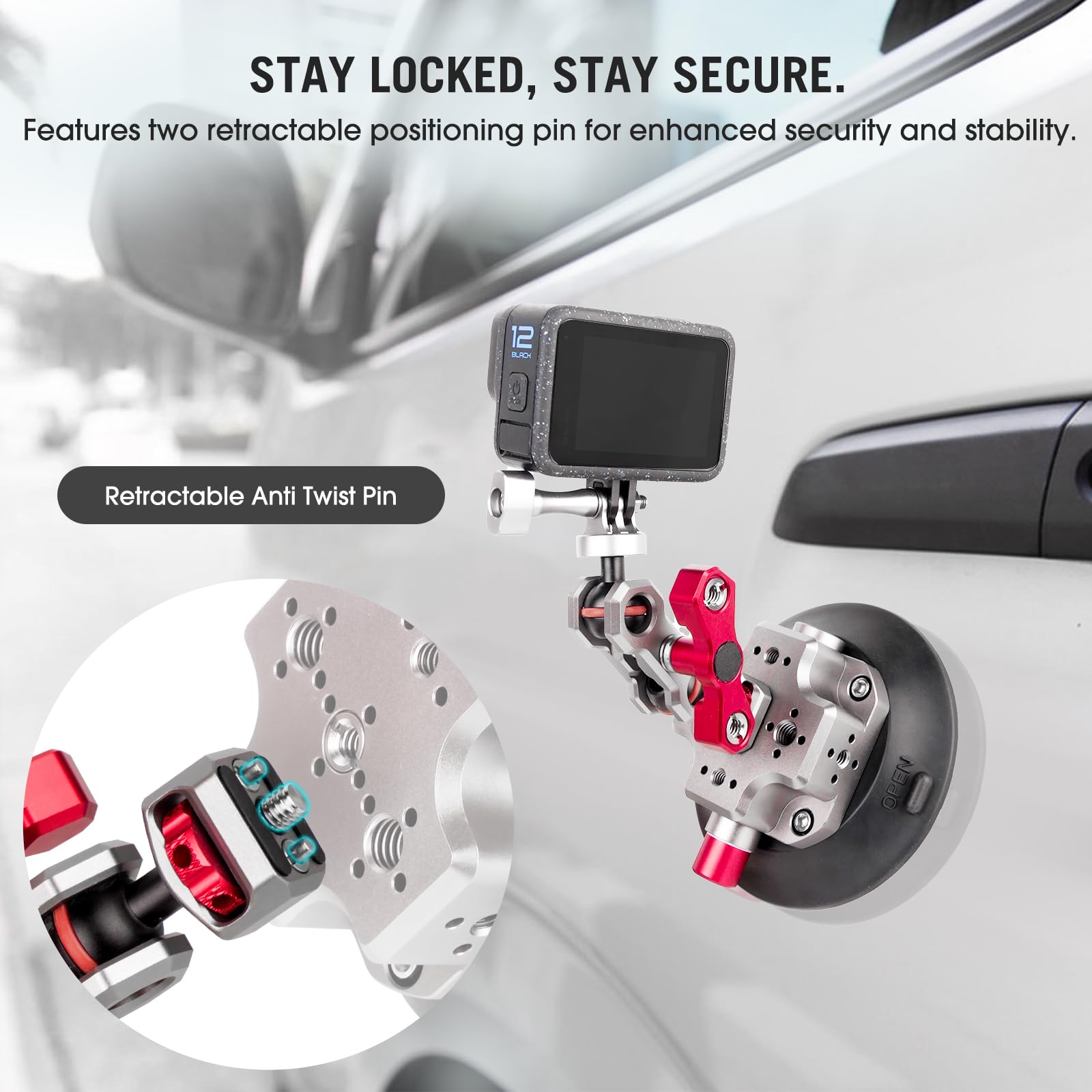 Came-TV - Braccio magico per action camera con doppia testa a sfera a 360° e perni antiscivolo, braccio articolato flessibile in alluminio compatibile con Go Pro, supporto per moto, bici, finestrino
