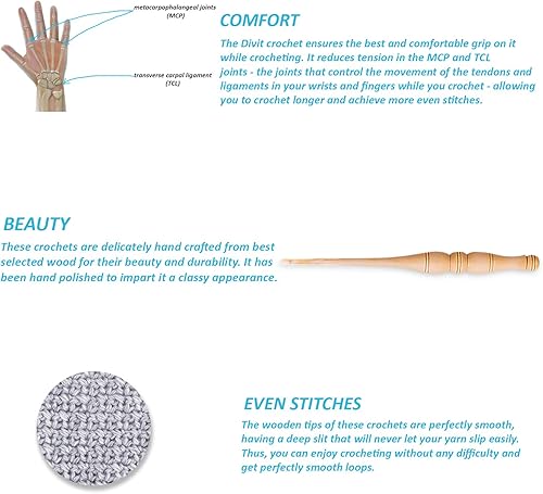 Miniatura 7 de Divit Shilp Streamline - Ganchos de ganchillo con mango ergonómico  Aguja de tejer hecha a mano de madera de arce de 7 pulgadas, tejido de hilo para