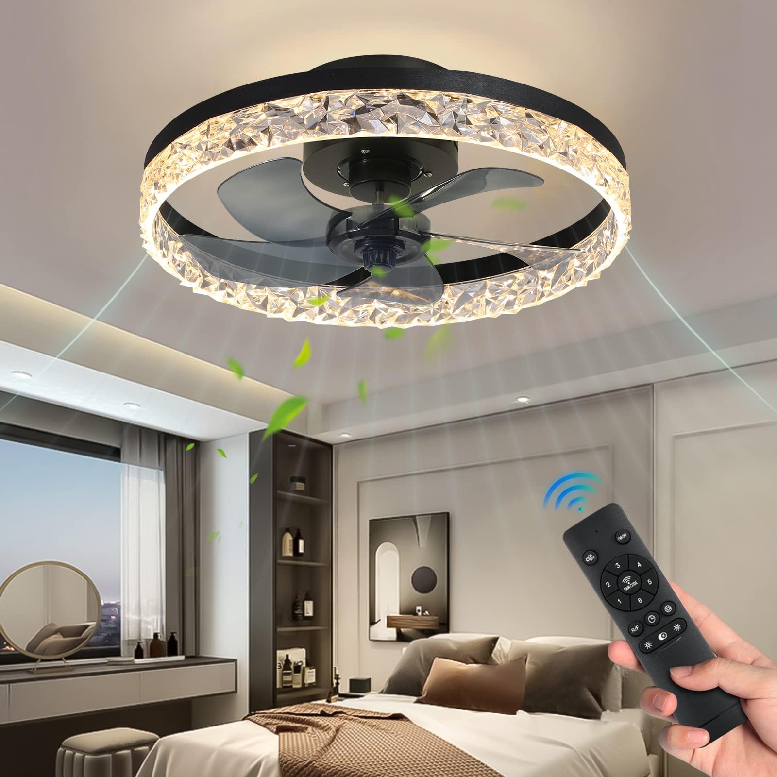 KINDLOV Modern Indoor Flush Mount Ceiling Fan with Lights,Dimmable Low Profile Ceiling Fans with Remote Control,Smart 3 Light Color Change and 6 Speeds for Bedroom Living Room Kitchen, Black…