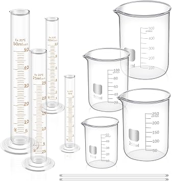 FOUR ES SCIENTIFIC Glass Beaker Set, 10-Piece Labware Kit | Borosilicate Glass Beaker 50/100/250/500mL, Graduated Cylinder 5/10/25/50mL, 2 Stirring Rods