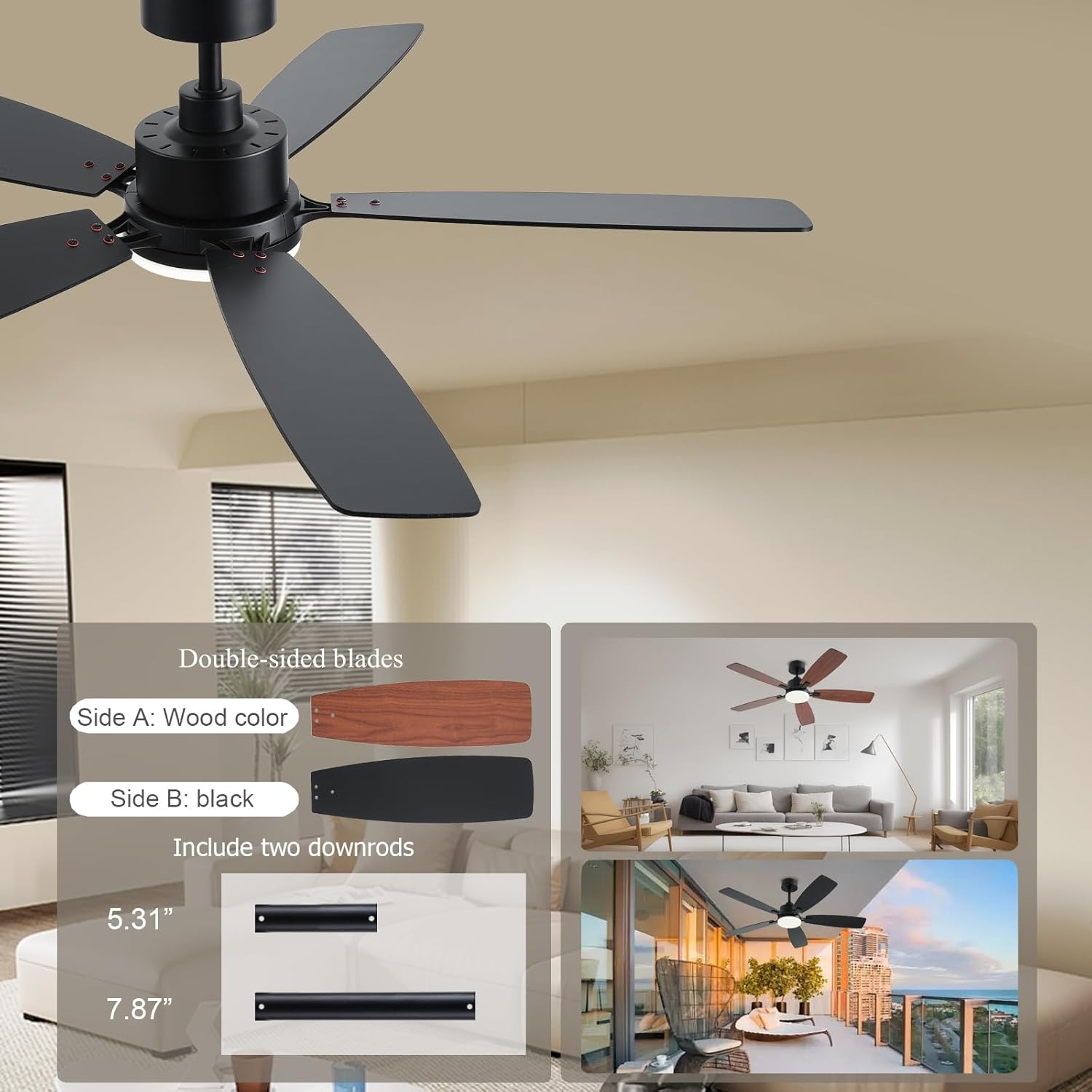 Close-up of double-sided fan blades and two different length downrods.