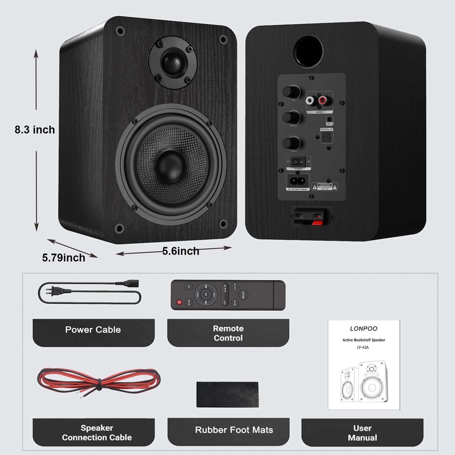 LONPOO Activo Altavoz de estantería con alimentación, con woofer de 4'' y Tweeter de cúpula de Seda de 1'', 60W RMS con conexión óptica, RCA, Bluetooth 5.3, AUX-IN y Mando a Distancia