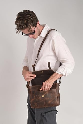 Vista 9 de Bolso bandolera de cuero genuino para hombres, bolsos cruzados para negocios de trabajo, Marrón