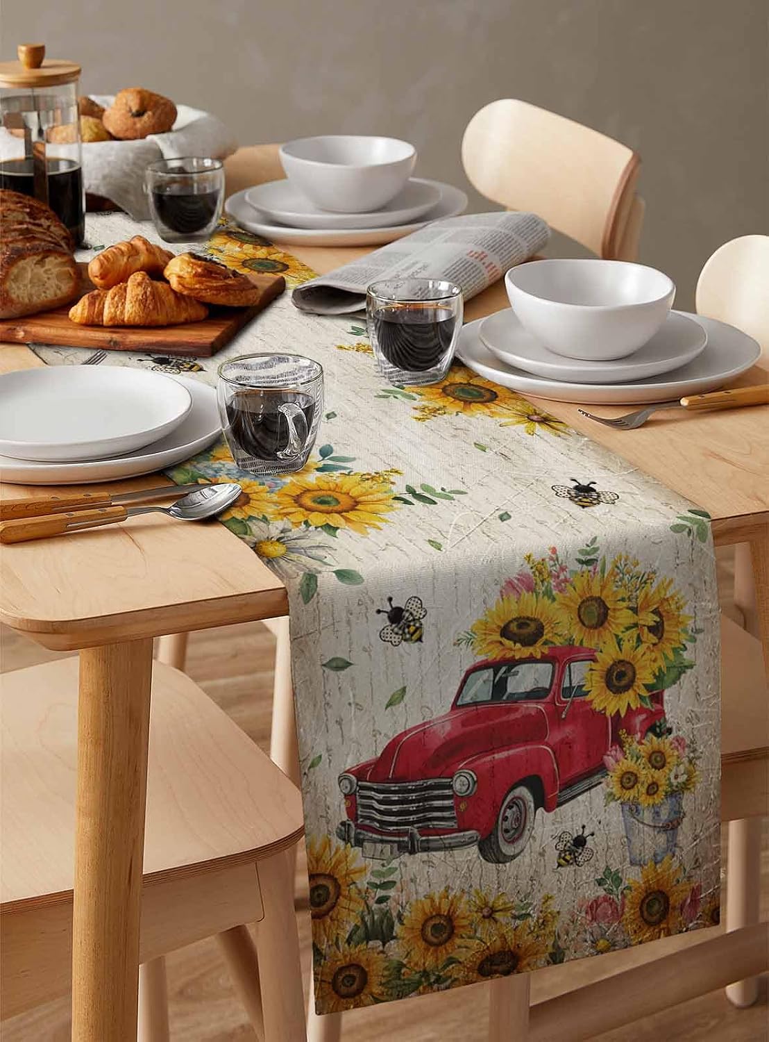 Red Truck Table Runner Farmhouse Burlap 120 Inch Long, Sunflower Table Runner for Party Wedding Tables Decor, Floral Dining Room Tables Runners 13x120in Kitchen Decor Holiday