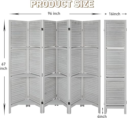Miniatura 22 de Babion Divisor de habitación de 6 paneles, divisor de habitación de madera con estantes, separadores de habitación portátiles de 5.6 pies y 6