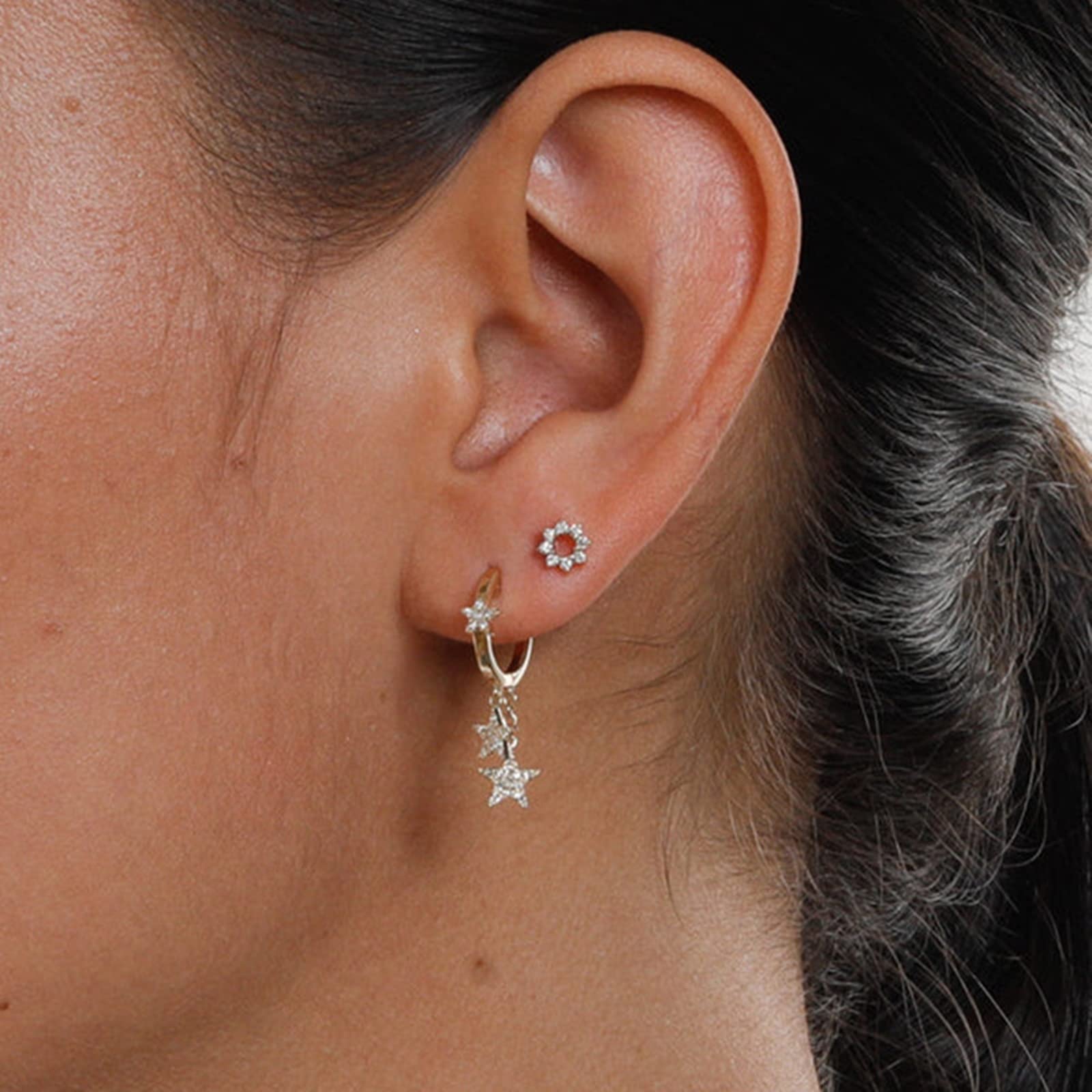 LLXYWJ 925 Silber Ohrringe Set, Creolen für Frauen mit baumelnden Sternen, kubischen Zirkonia, hypoallergener Knorpel-Piercing-Schmuck